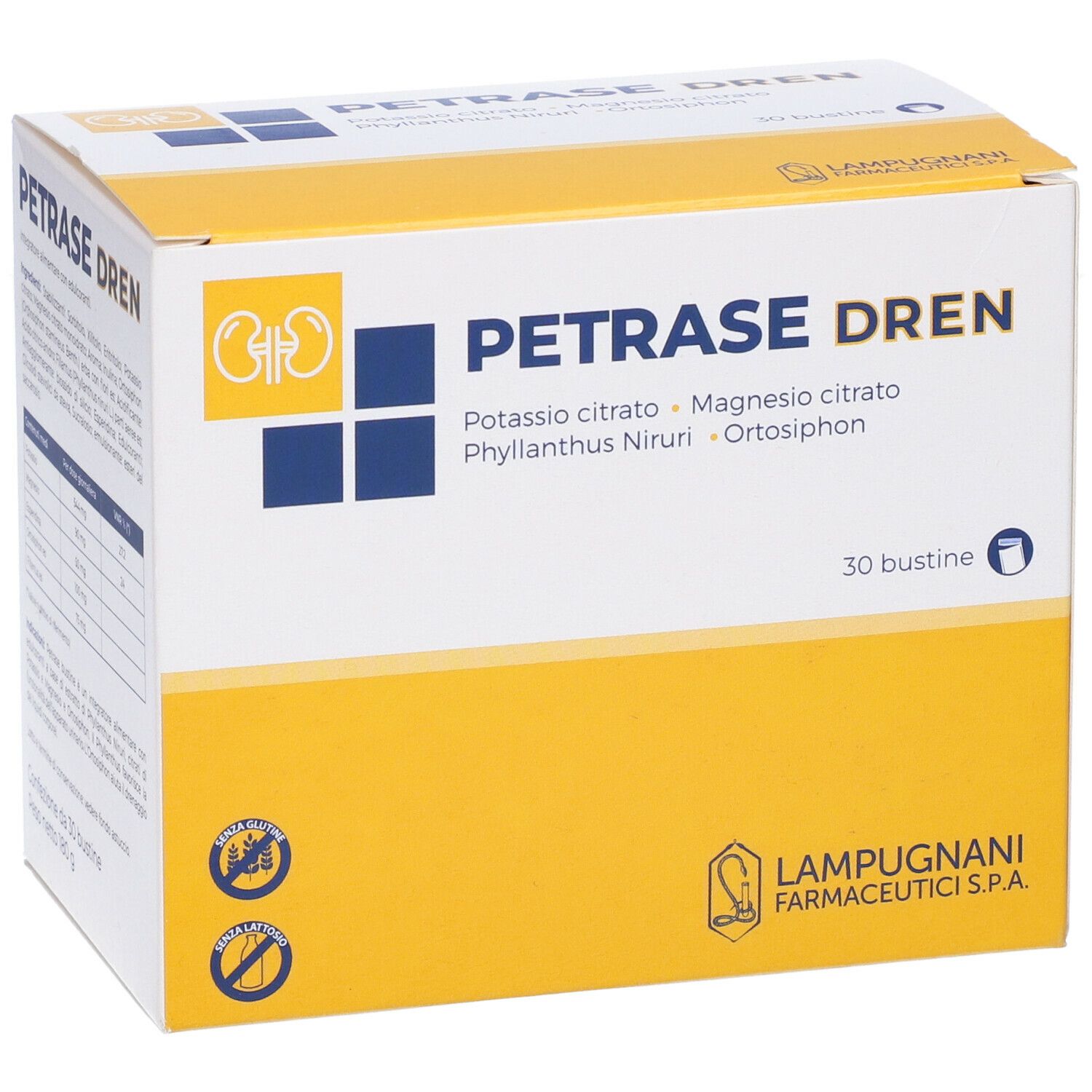 Confezione PETRASE DREN. Design giallo e bianco. Contiene 30 bustine. Logo e testo sulla confezione.