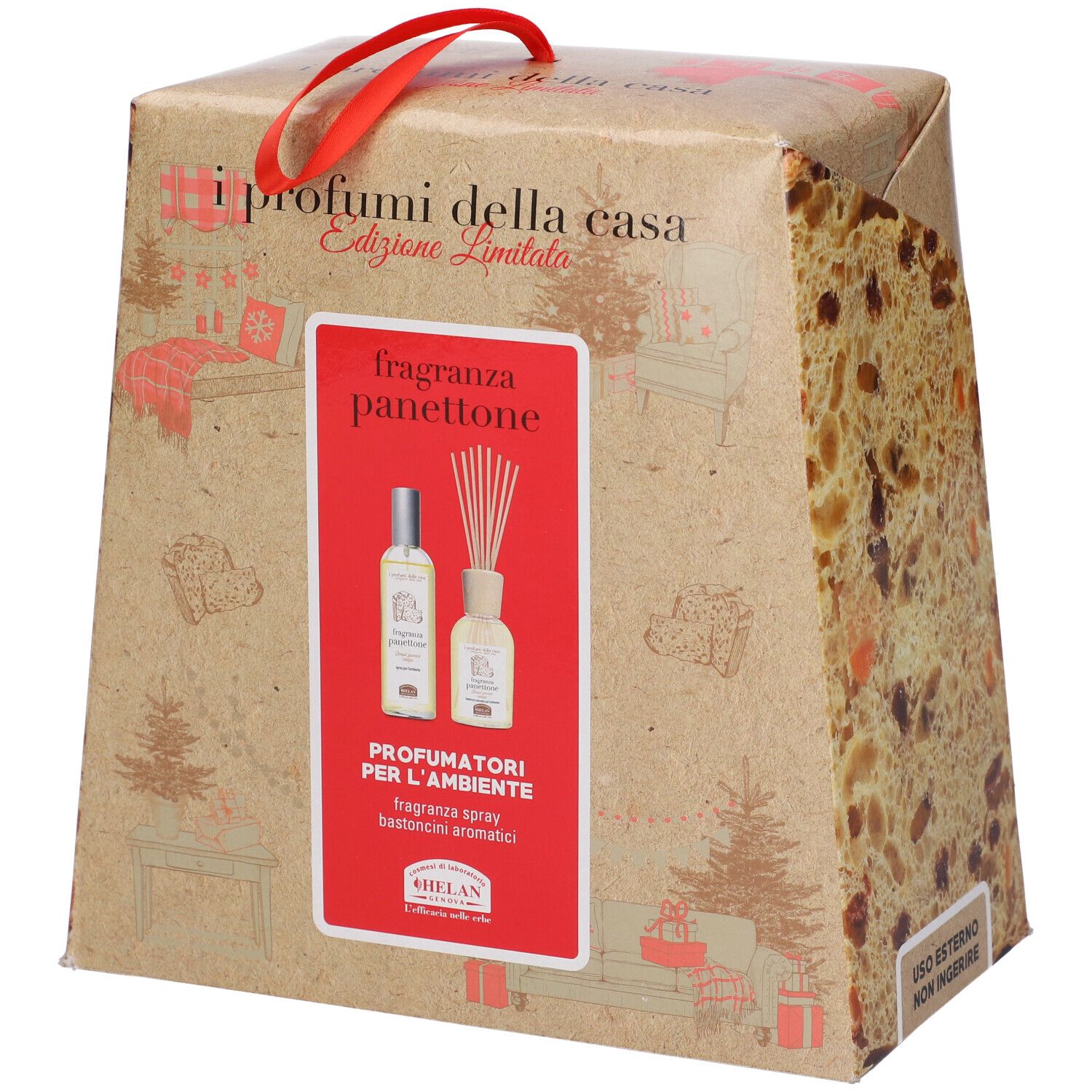 Set regalo profumo Panettone. Contiene spray e diffusore. Manico rosso. Marchio Helan.