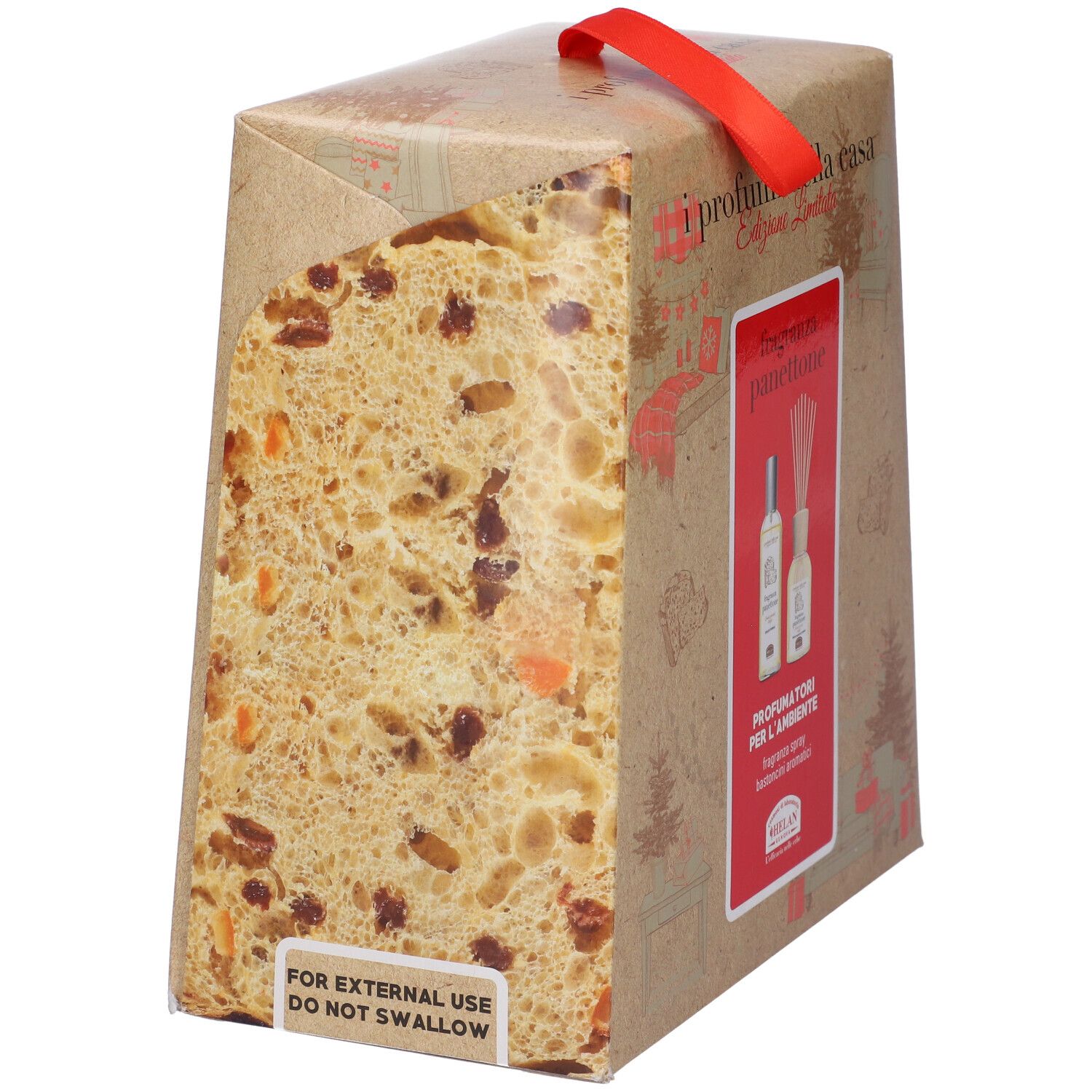 Confezione con fetta di Panettone. Manico rosso. Scritta: 'Per uso esterno, non ingerire'.