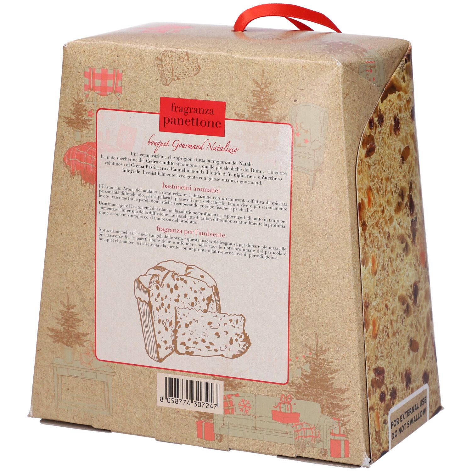 Retro della confezione regalo. Contiene informazioni e illustrazioni. Fetta di Panettone visibile. Marchio Helan.