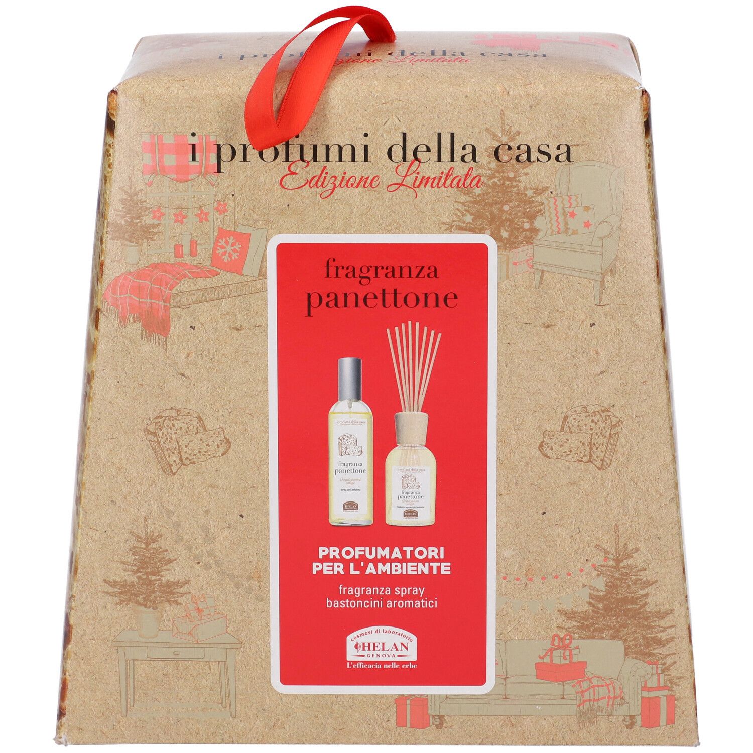Set regalo profumo Panettone. Contiene spray e diffusore. Manico rosso. Marchio Helan.