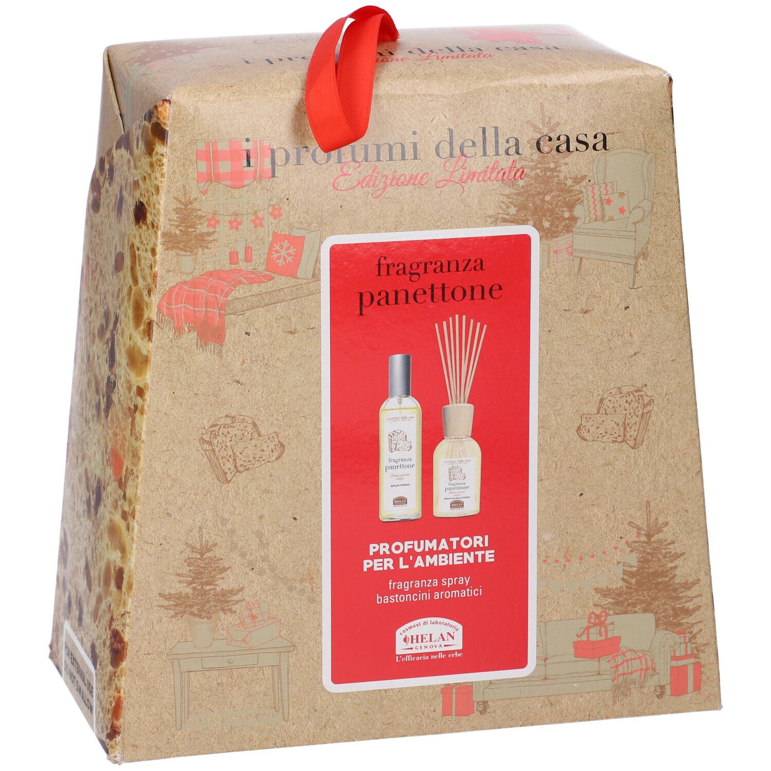 Set regalo profumo Panettone. Contiene spray e diffusore. Manico rosso. Marchio Helan.