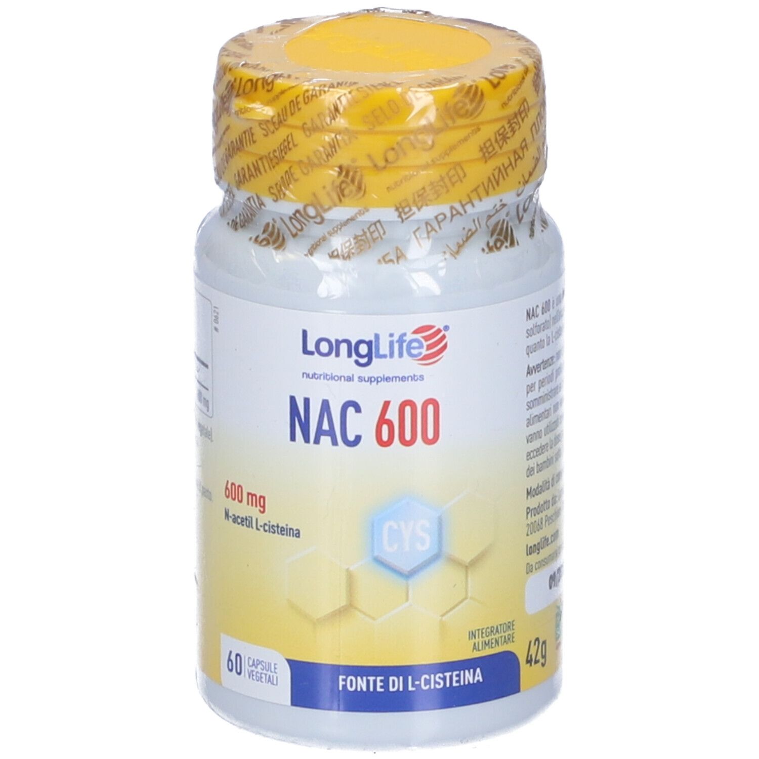 Flacone bianco, tappo giallo. Scritta: LongLife NAC 600. 60 capsule. Fonte di L-cisteina.