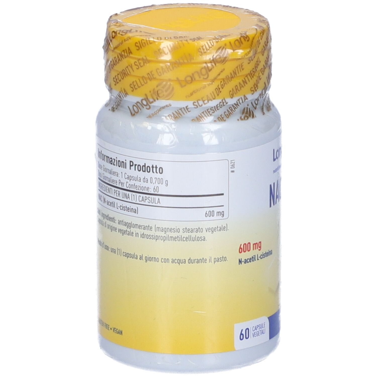 Retro flacone bianco. Informazioni prodotto. 600 mg N-acetil-L-cisteina. 60 capsule. Vegan.