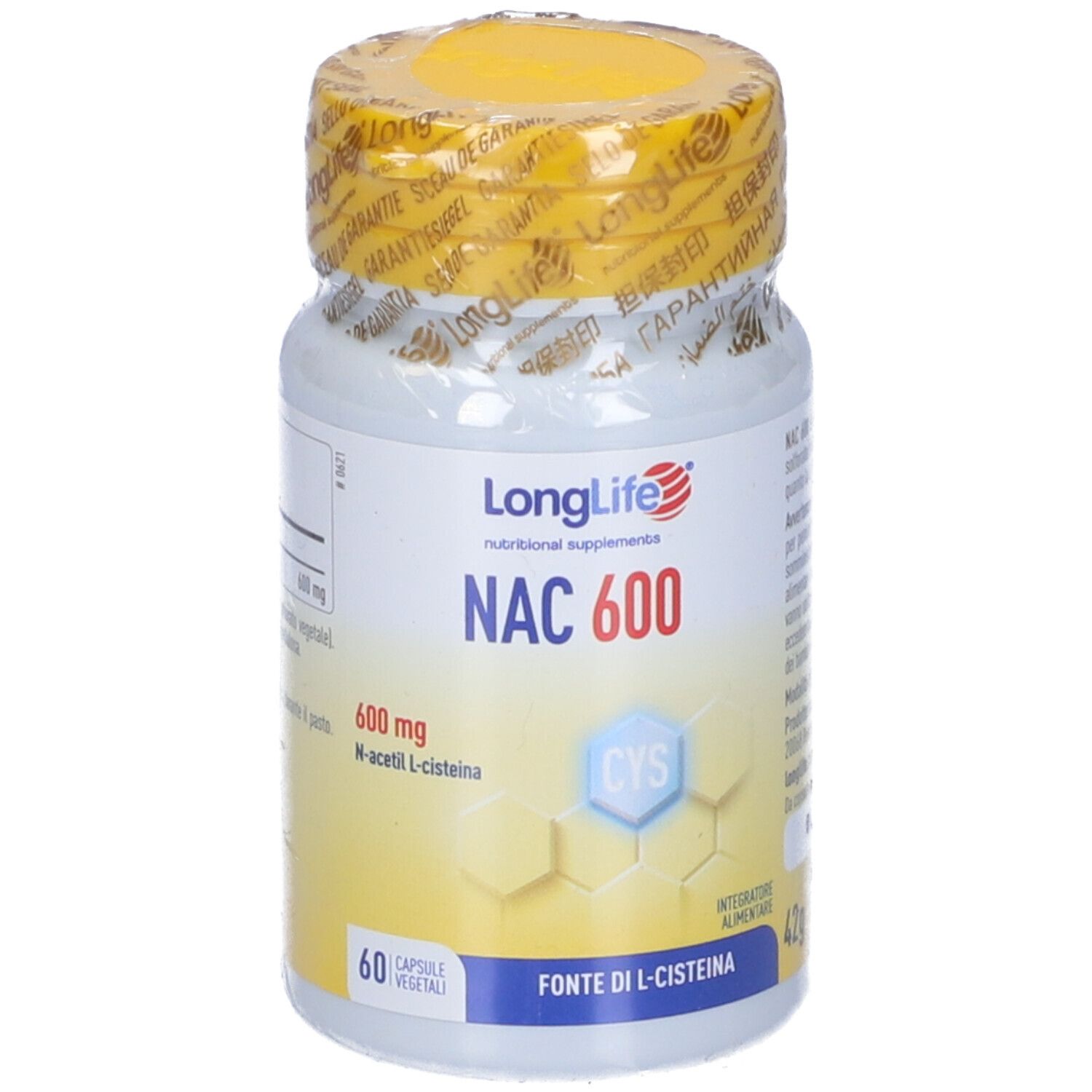 Flacone bianco, tappo giallo. Scritta: LongLife NAC 600. 60 capsule. Fonte di L-cisteina.