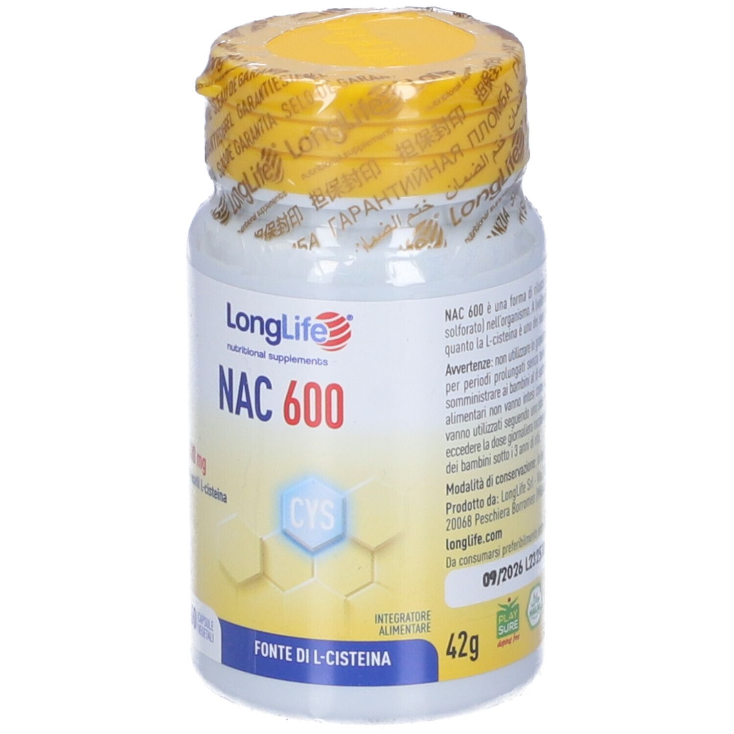 Flacone bianco, tappo giallo. Scritta: LongLife NAC 600. 42g. Fonte di L-cisteina. Scadenza 09/2026.