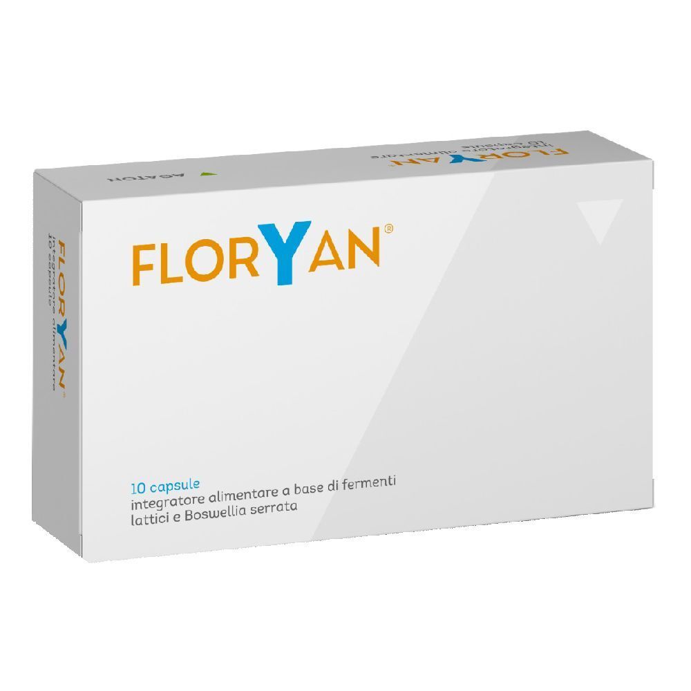 Scatola con scritta "FLORYAN". Contiene 10 capsule. Scritta: Integratore alimentare a base di fermenti lattici e Boswellia serrata.