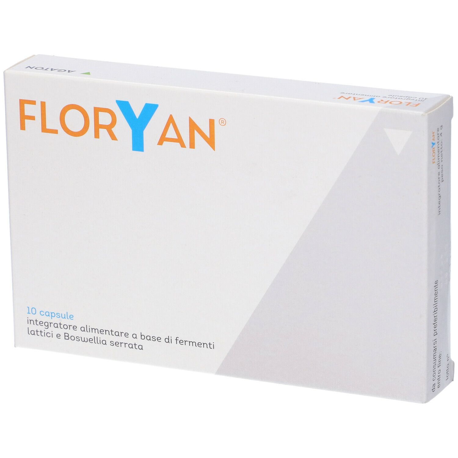 Scatola con scritta "FLORYAN". Contiene 10 capsule. Scritta: Integratore alimentare a base di fermenti lattici e Boswellia serrata.