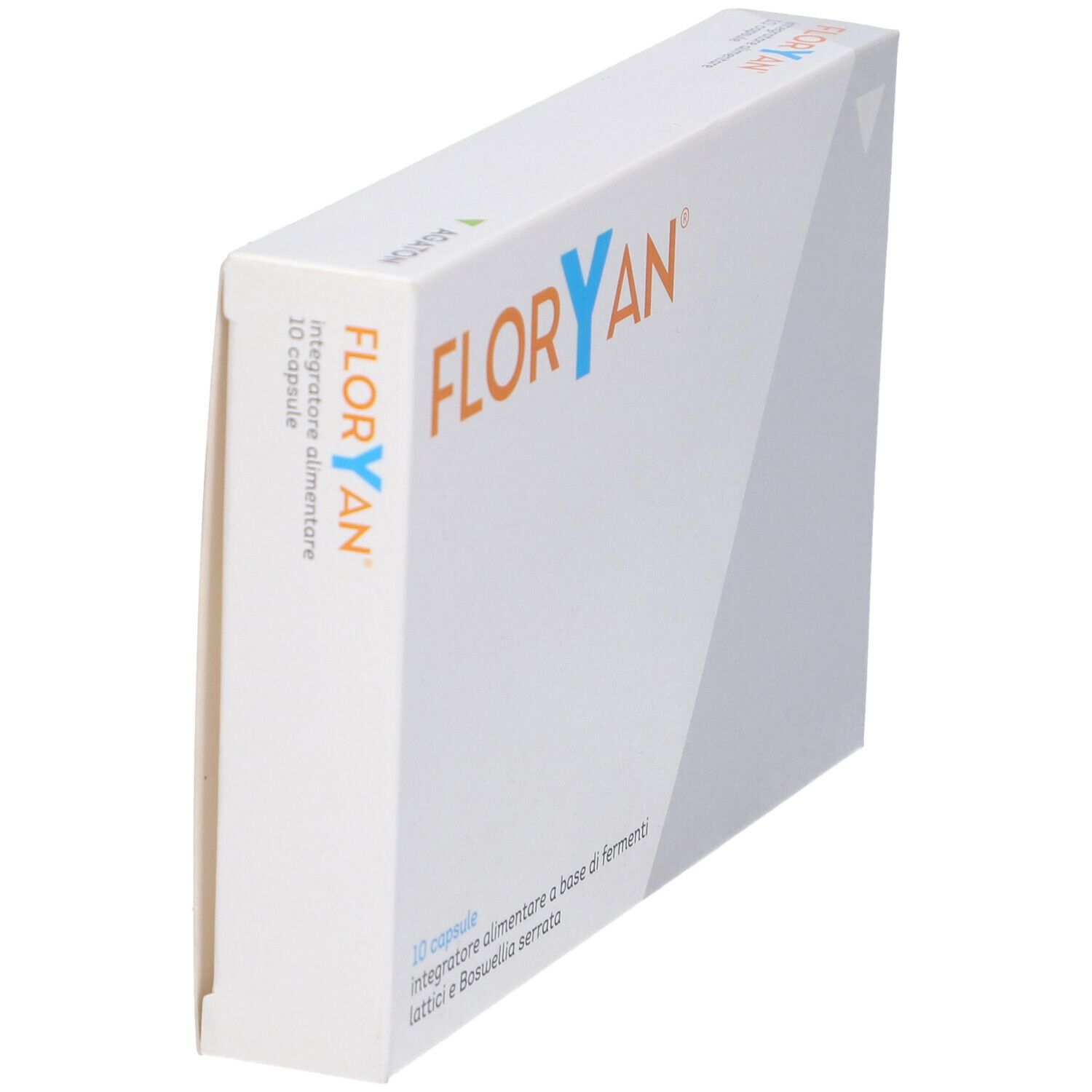 Scatola con scritta "FLORYAN". Contiene 10 capsule. Scritta: Integratore alimentare a base di fermenti lattici e Boswellia serrata.