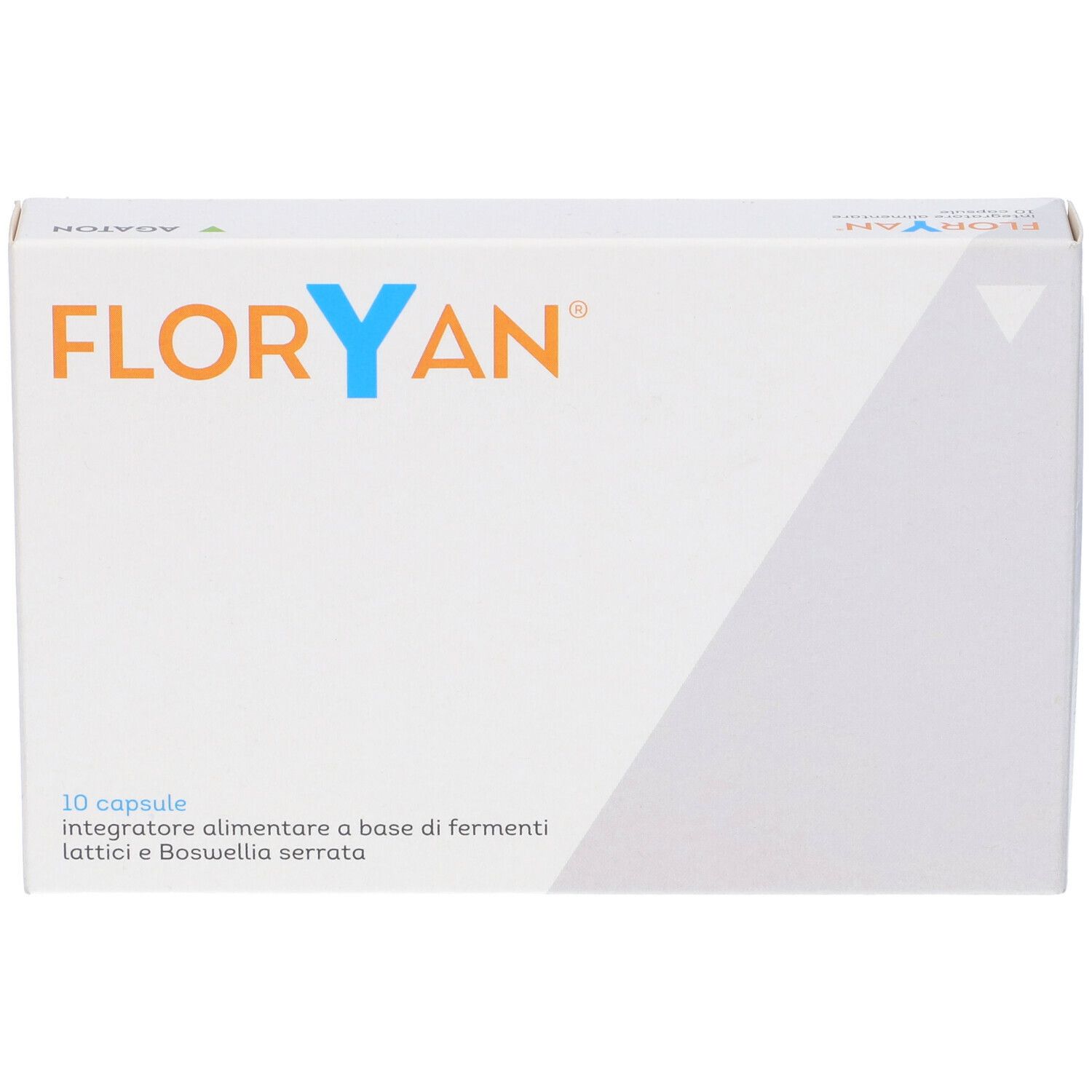 Scatola con scritta "FLORYAN". Contiene 10 capsule. Scritta: Integratore alimentare a base di fermenti lattici e Boswellia serrata.
