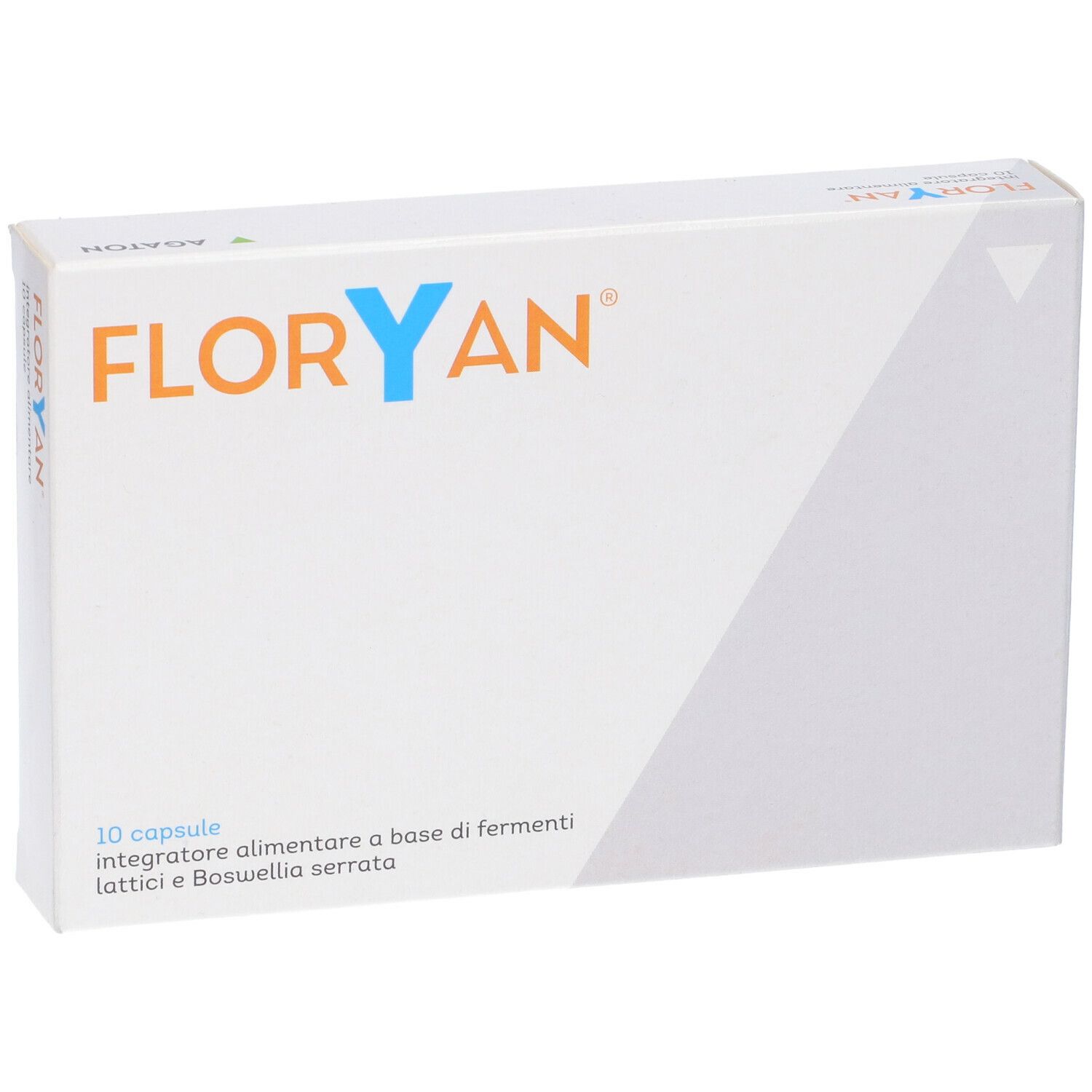 Scatola con scritta "FLORYAN". Contiene 10 capsule. Scritta: Integratore alimentare a base di fermenti lattici e Boswellia serrata.