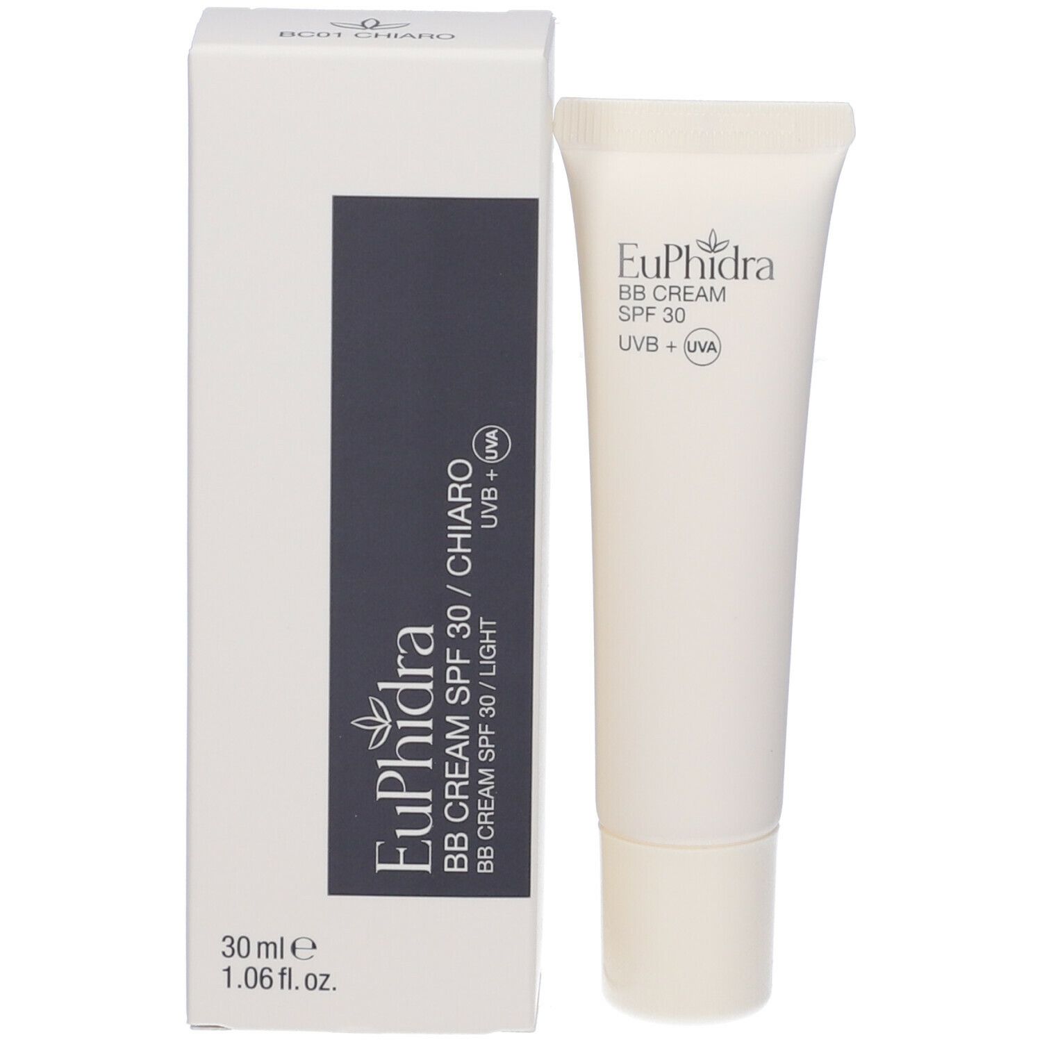 Confezione e tubo. Confezione: bianca con riquadro grigio. Tubo: Euphidra BB CREAM SPF 30.