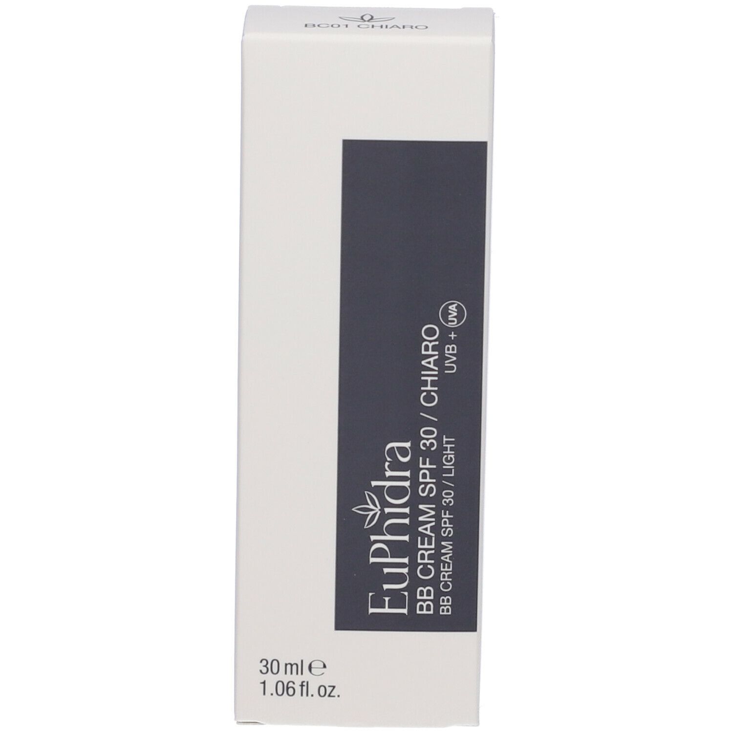 Confezione bianca con riquadro grigio. Scritta: Euphidra BB CREAM SPF 30 / CHIARO.