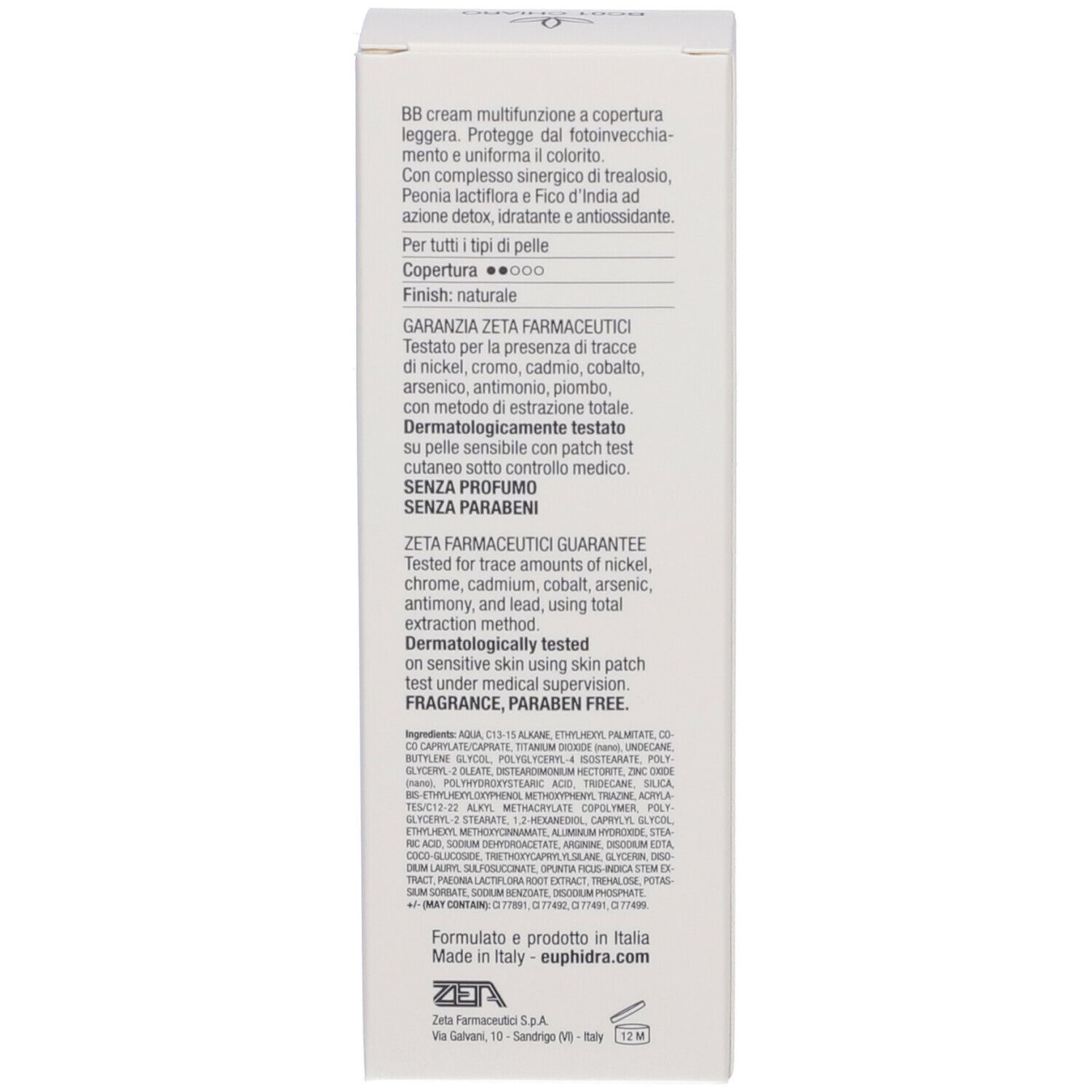 Retro della confezione. Testo: BB cream, ingredienti, Zeta Farmaceutici, Made in Italy.