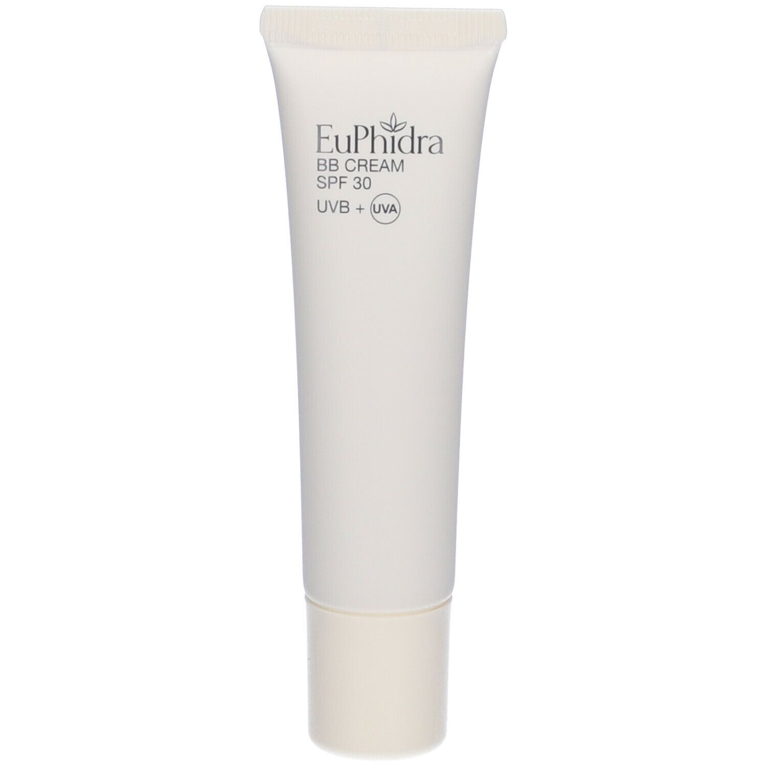 Tubo bianco con scritta Euphidra BB CREAM SPF 30 UVB + UVA. Tappo color crema.