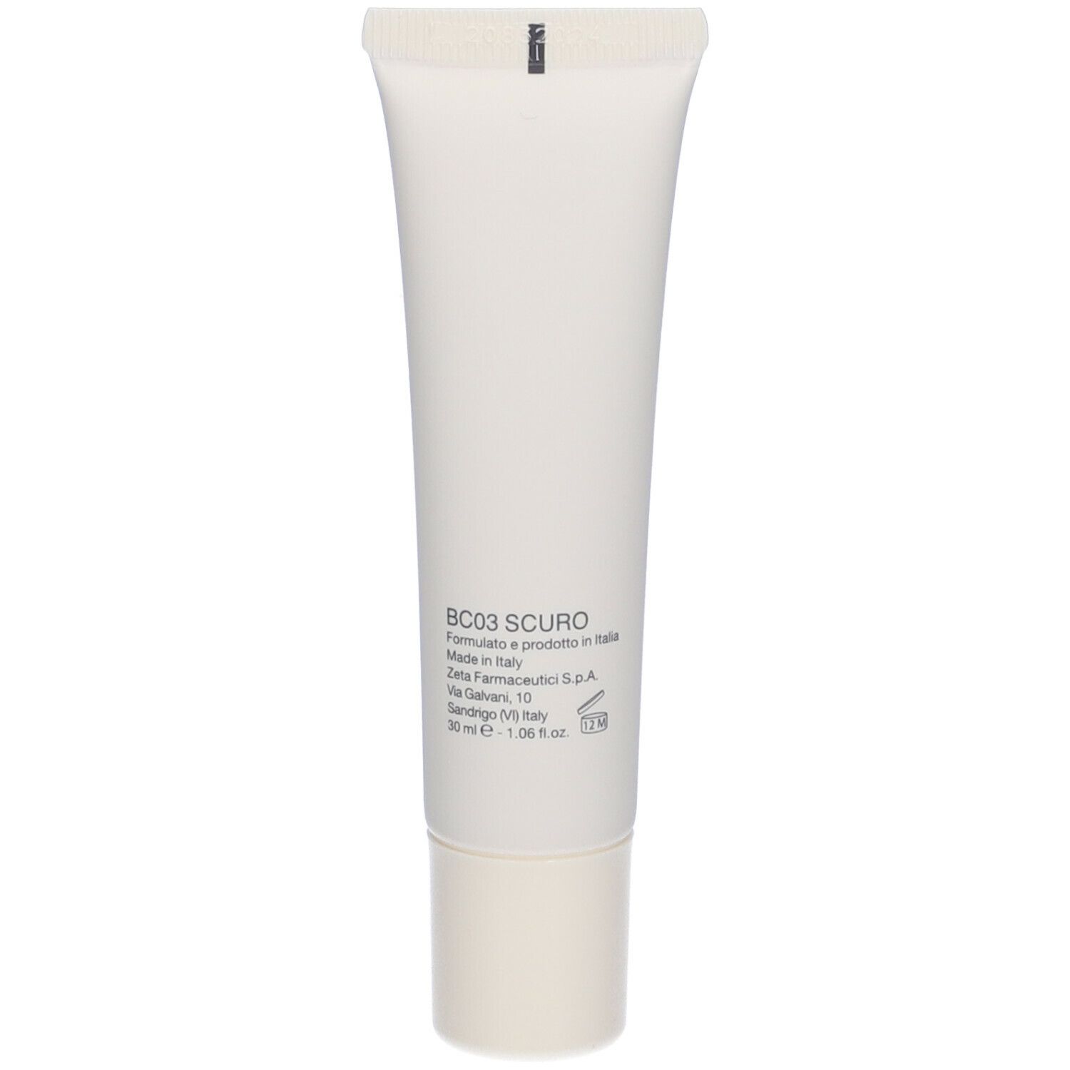 Retro del tubo bianco. Scritta BC03 SCURO, Made in Italy, Zeta Farmaceutici S.p.A.