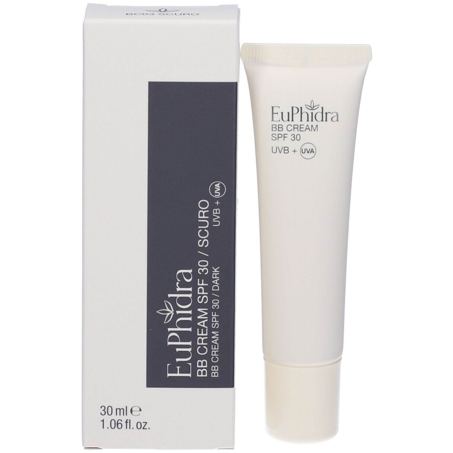 Confezione del prodotto con tubo. Scritta Euphidra BB CREAM SPF 30 / SCURO. 30 ml.