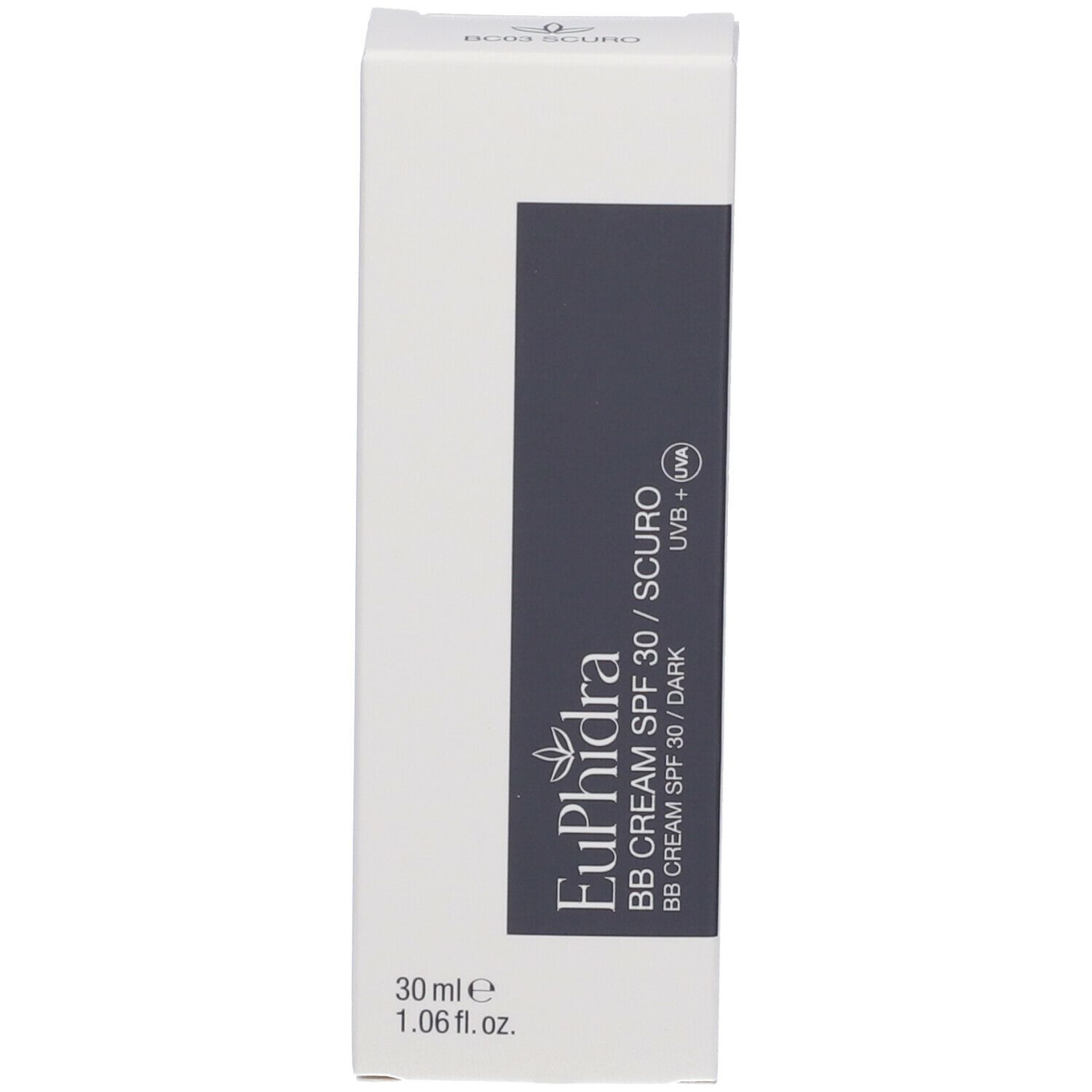 Confezione del prodotto. Scritta Euphidra BB CREAM SPF 30 / SCURO. 30 ml.