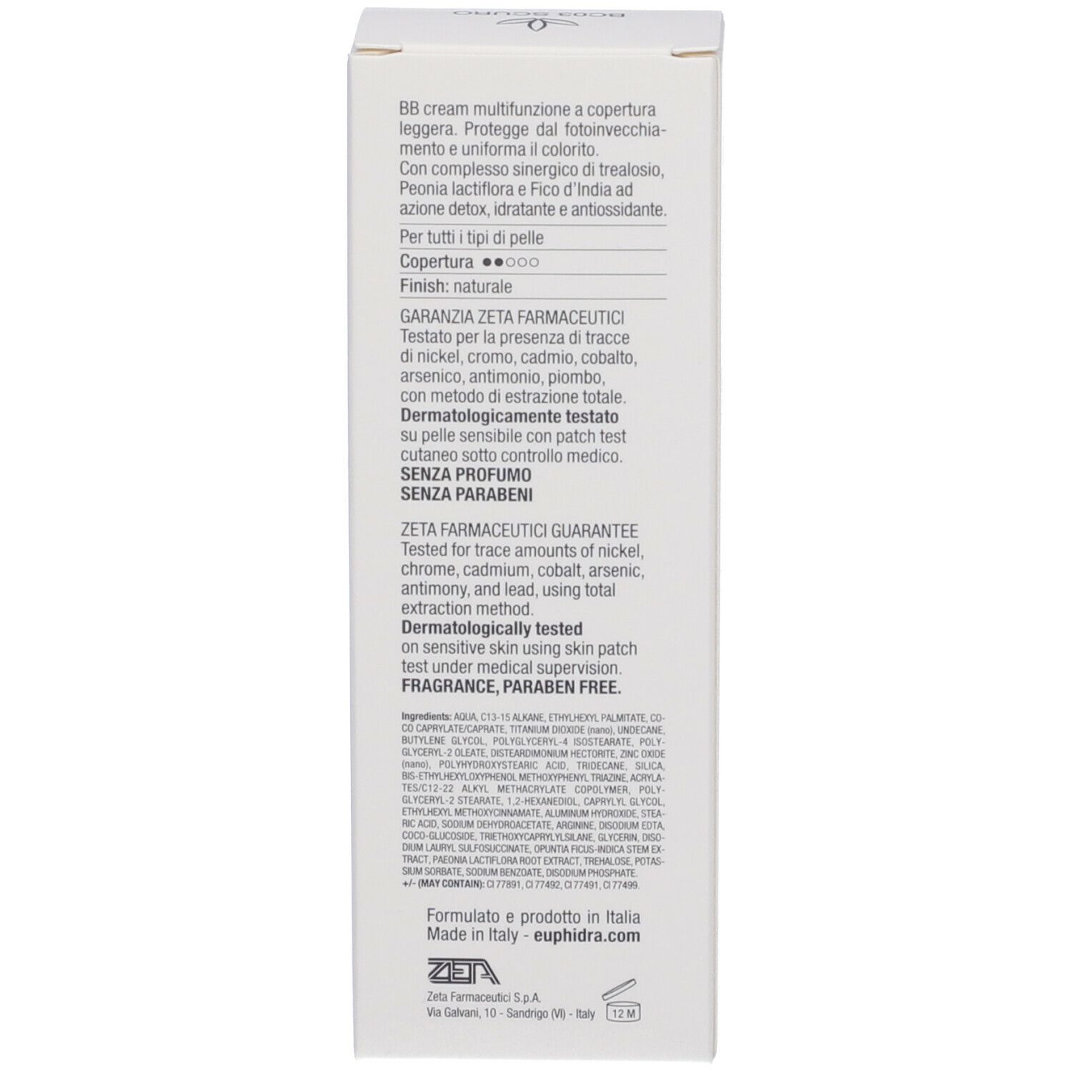 Retro della confezione del prodotto. Testo sugli ingredienti, test dermatologici e produttore.