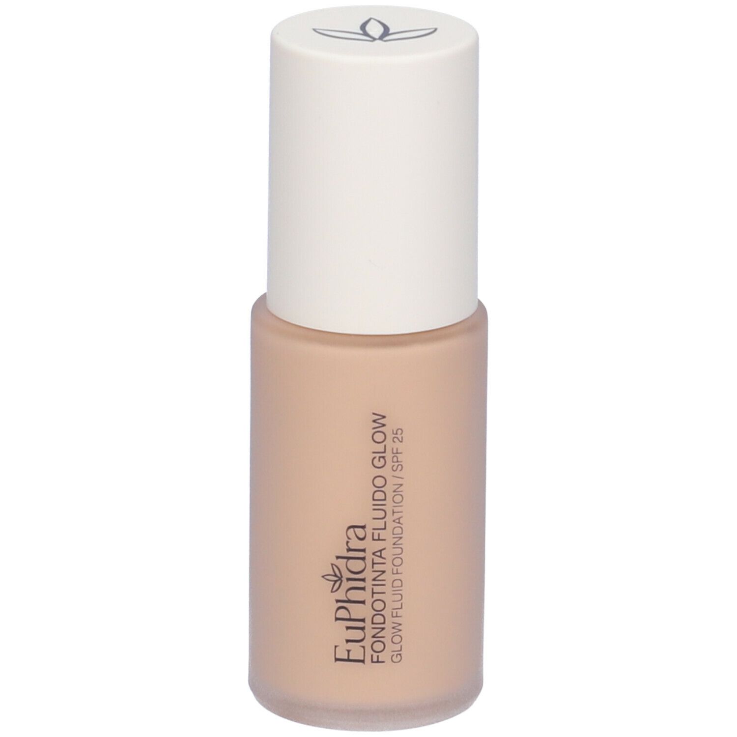Flacone di fondotinta beige con tappo bianco. Scritta: Euphidra, Fondotinta Fluido Glow, SPF 25.