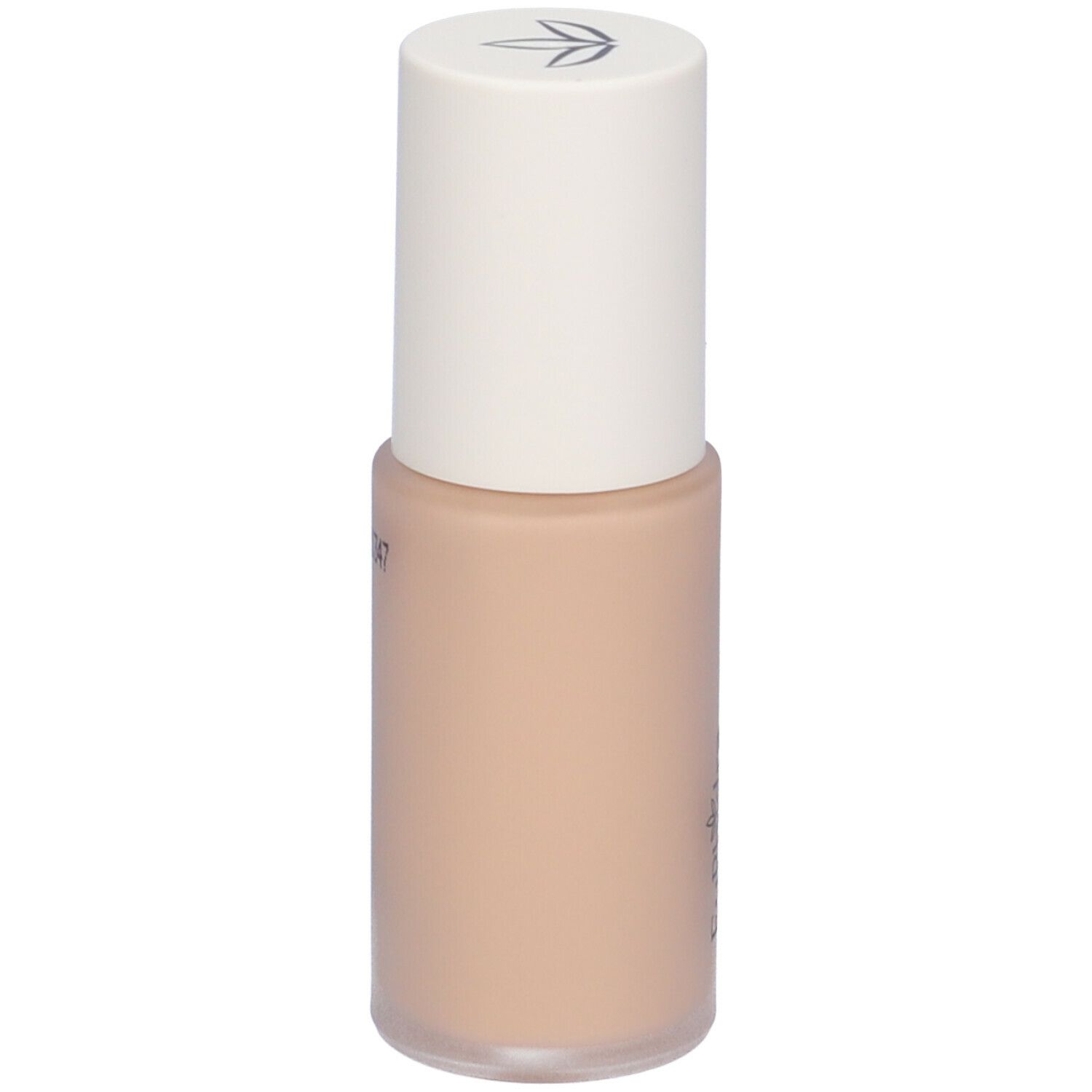 Flacone di fondotinta beige con tappo bianco. Scritta illeggibile.