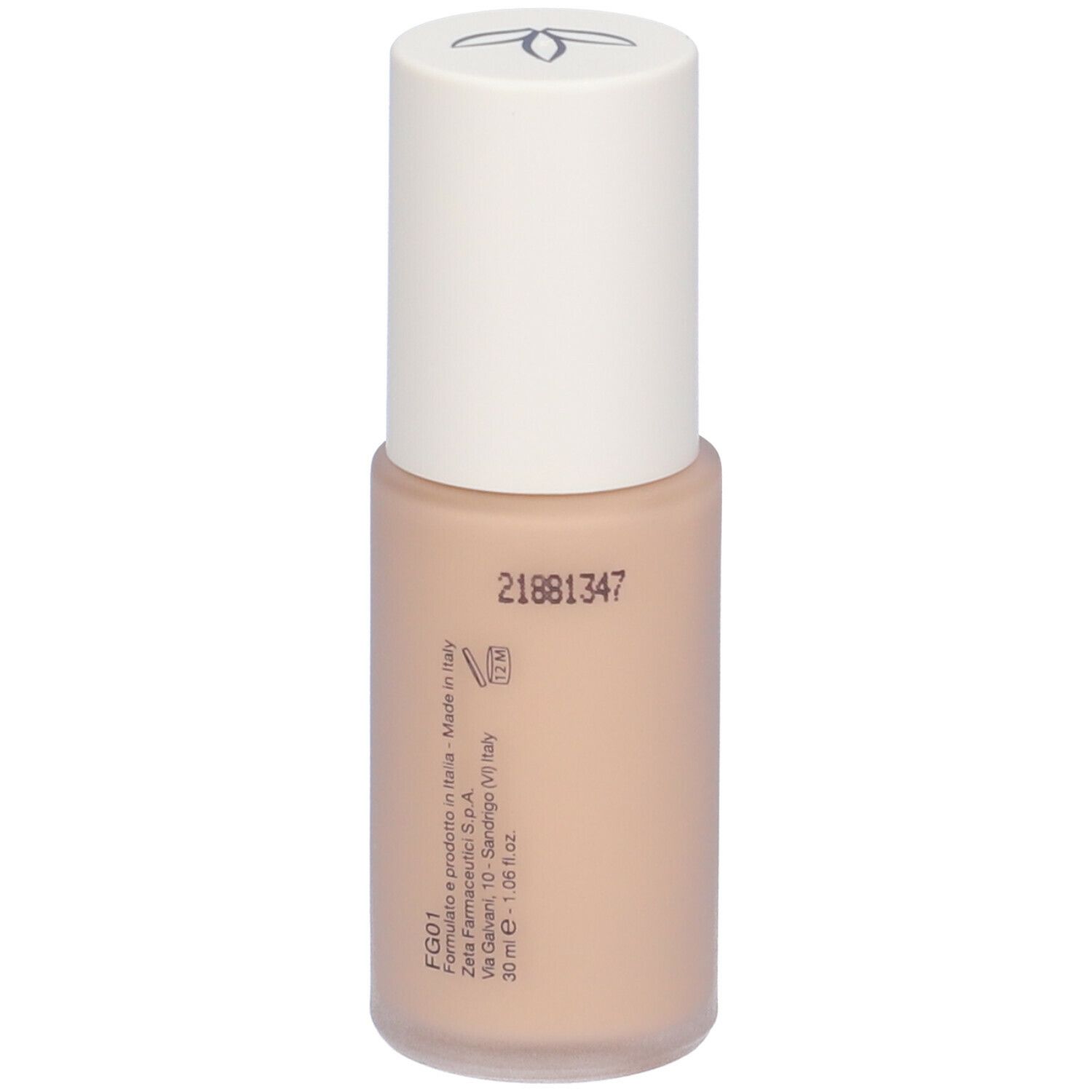 Flacone di fondotinta beige con tappo bianco. Scritta: FG01, 21881347, 30 ml.