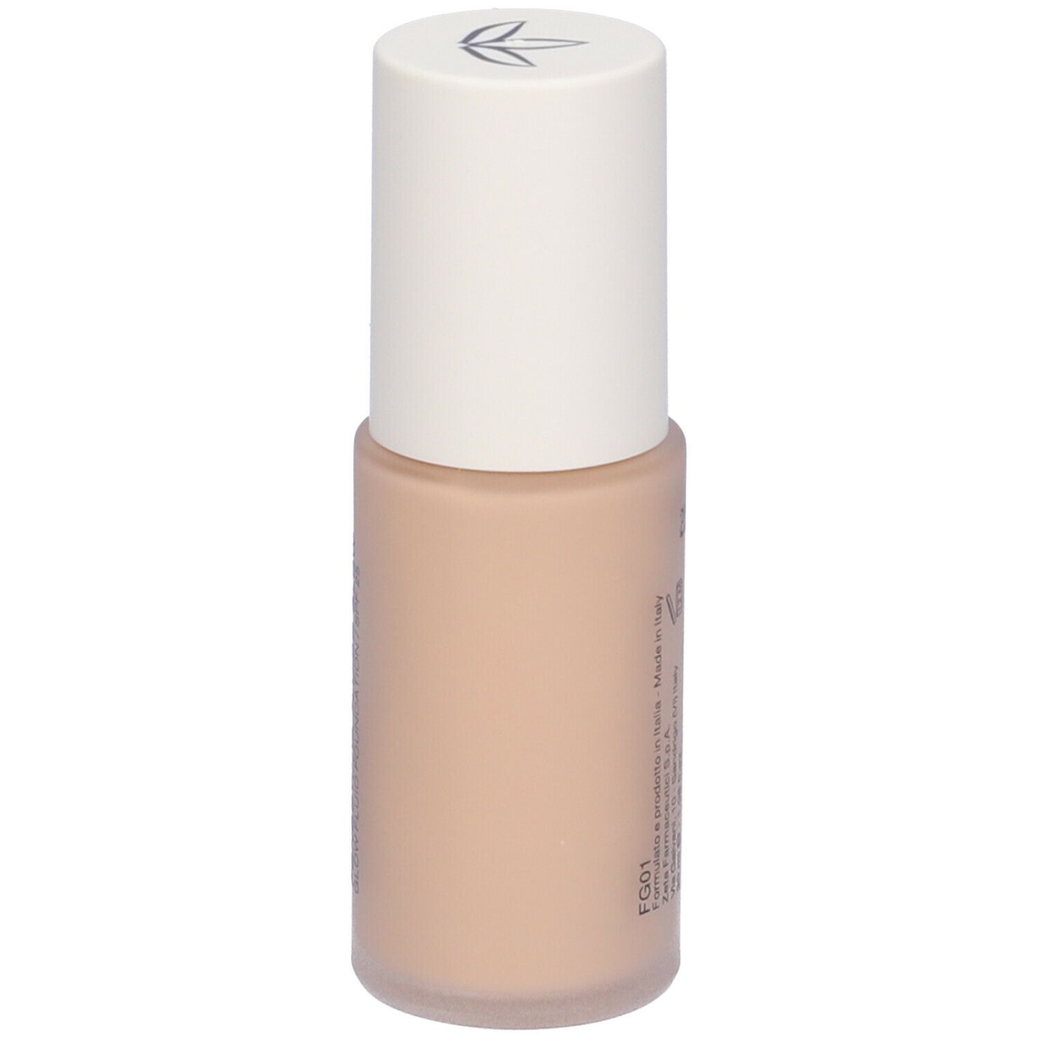 Flacone di fondotinta beige con tappo bianco. Scritta illeggibile.