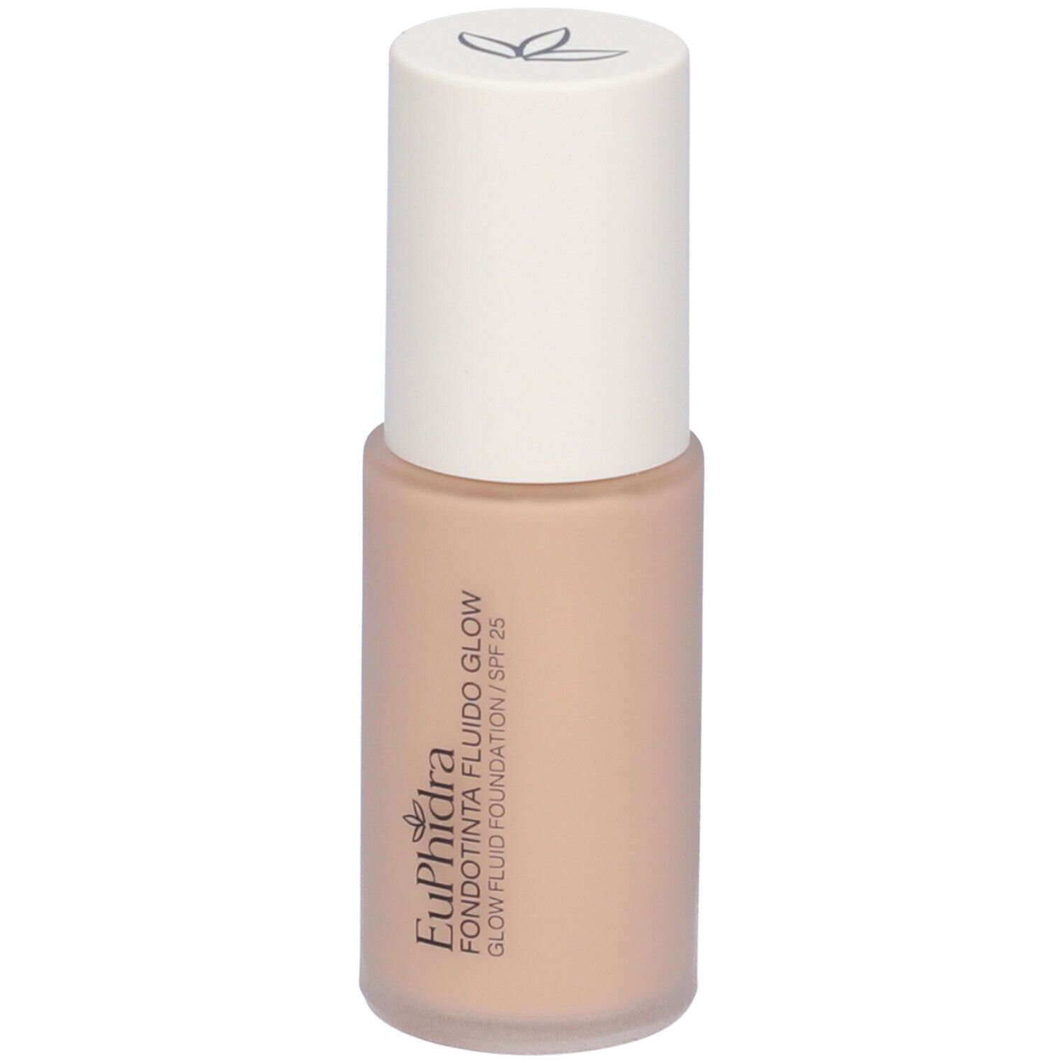 Flacone di fondotinta beige con tappo bianco. Scritta: Euphidra, Fondotinta Fluido Glow, SPF 25.