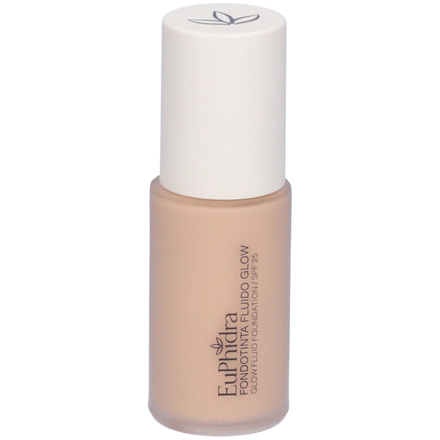 Flacone di fondotinta beige con tappo bianco. Scritta: Euphidra, Fondotinta Fluido Glow, SPF 25.