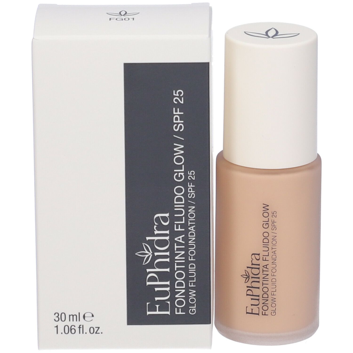 Flacone di fondotinta e scatola. Scritta: Euphidra, Fondotinta Fluido Glow, SPF 25, 30 ml.