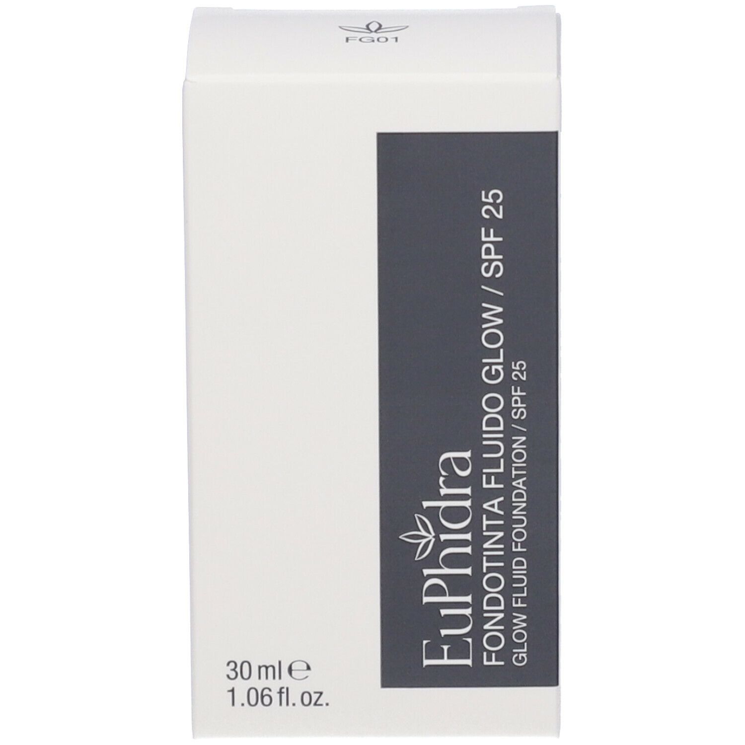 Scatola con scritta: Euphidra, Fondotinta Fluido Glow, SPF 25, 30 ml.