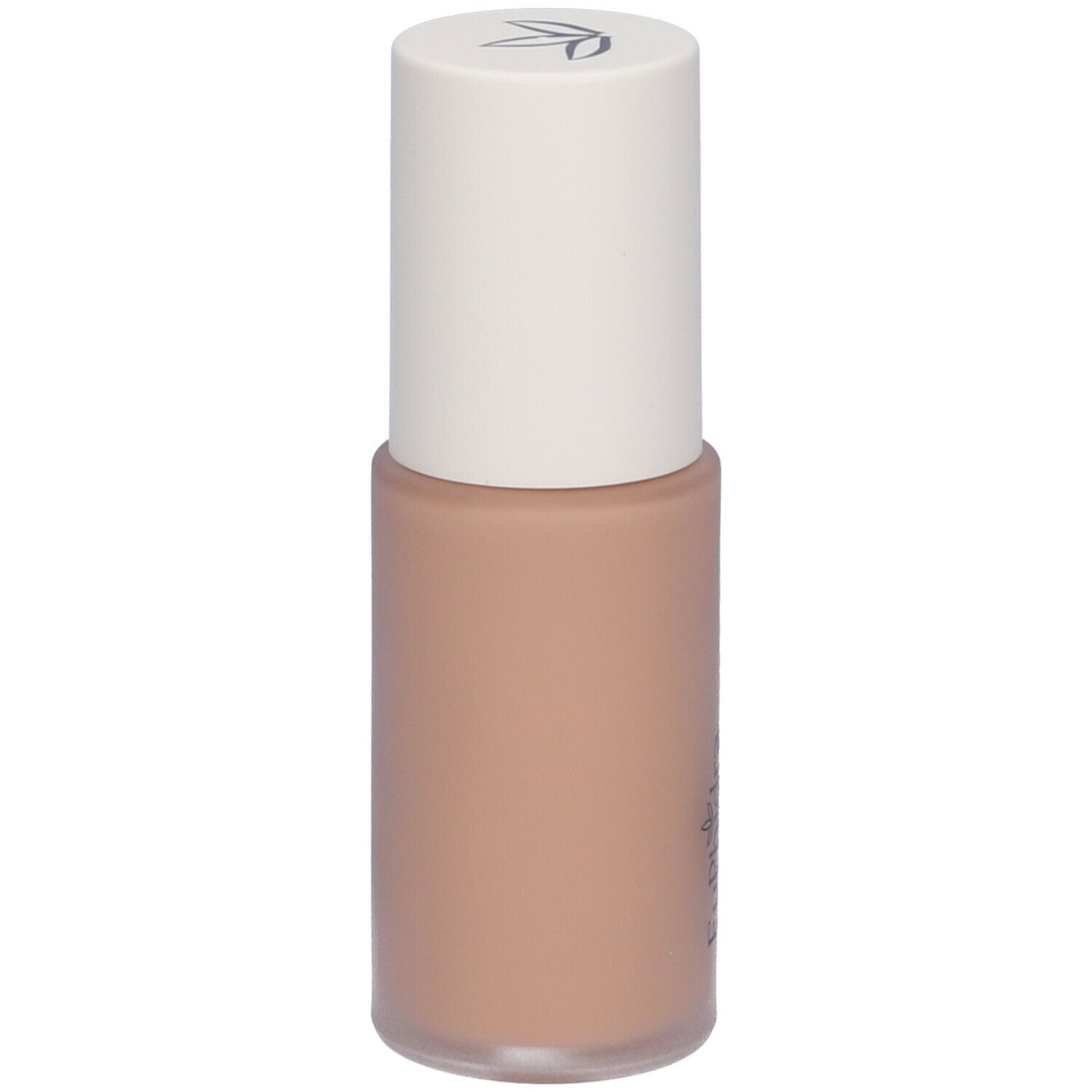 Fondotinta fluido beige con tappo bianco. Bottiglia con informazioni sul prodotto.