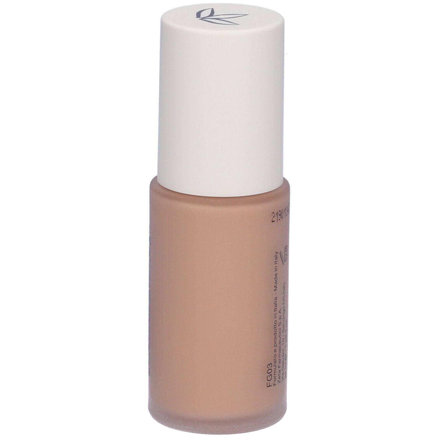 Fondotinta fluido beige con tappo bianco. Retro con informazioni sul prodotto.