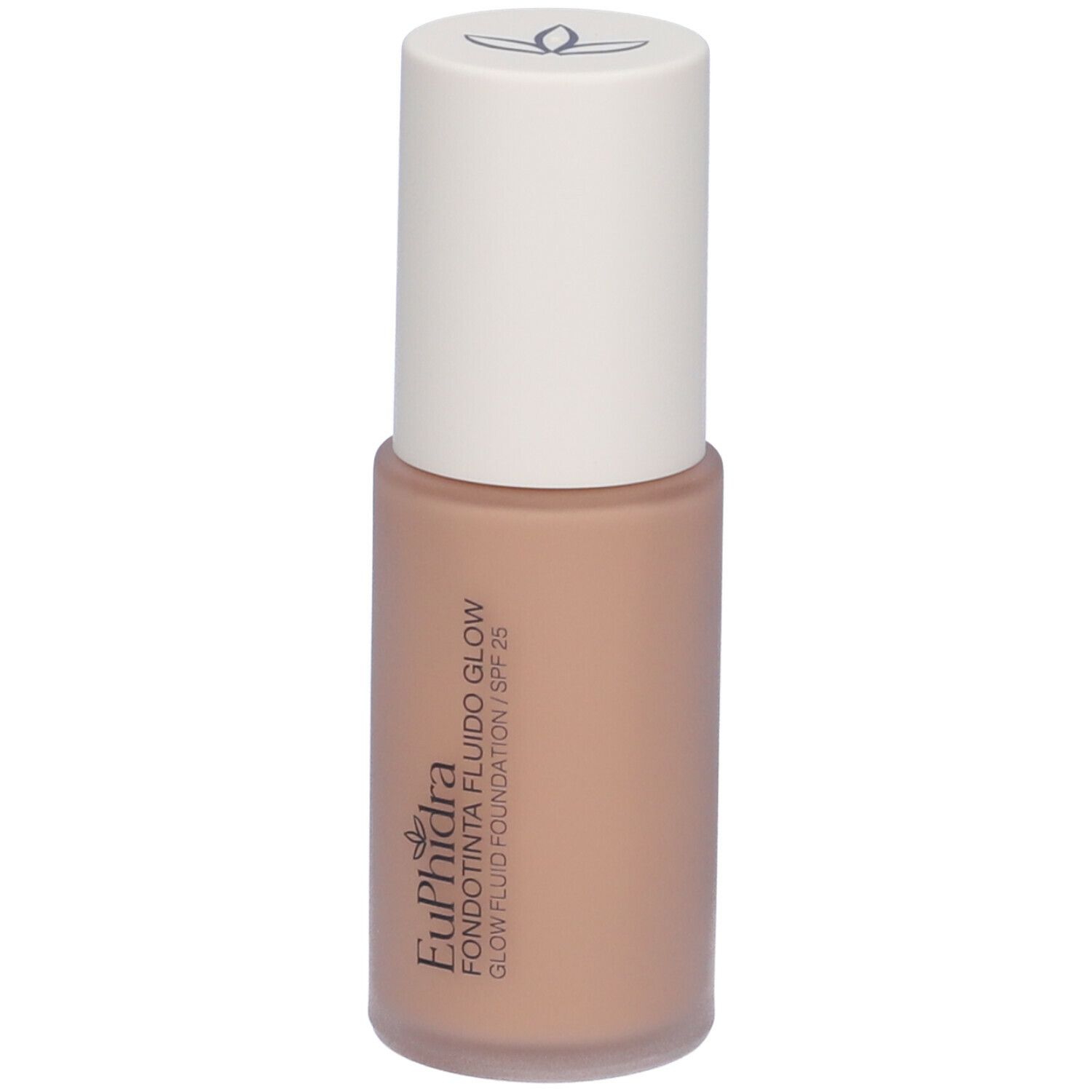 Fondotinta fluido beige con tappo bianco. Scritta: Euphidra, Fondotinta Fluido Glow, SPF 25.