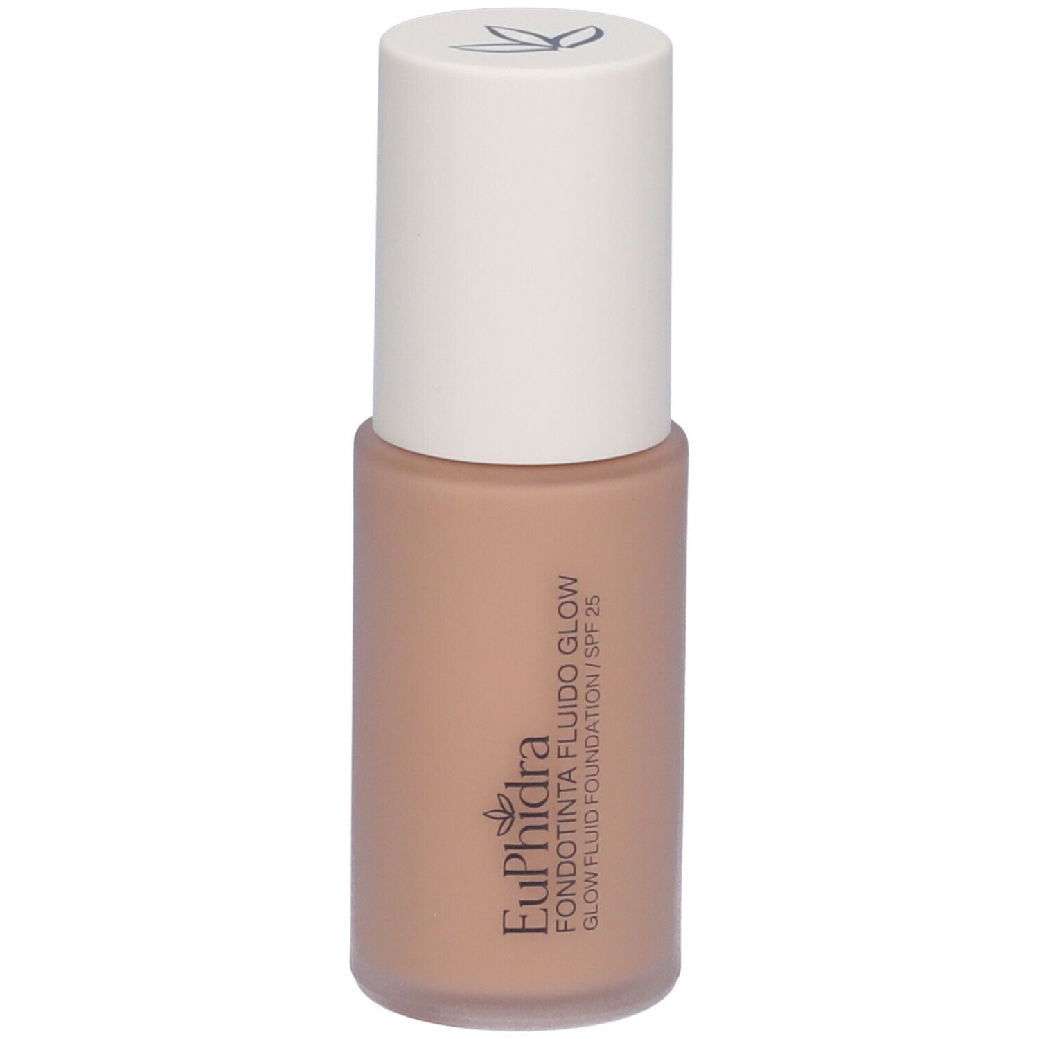 Fondotinta fluido beige con tappo bianco. Scritta: Euphidra, Fondotinta Fluido Glow, SPF 25.
