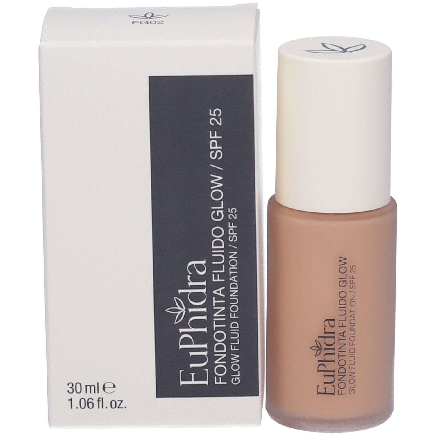 Fondotinta fluido beige con tappo bianco e confezione. Scritta: Euphidra, Fondotinta Fluido Glow, SPF 25.