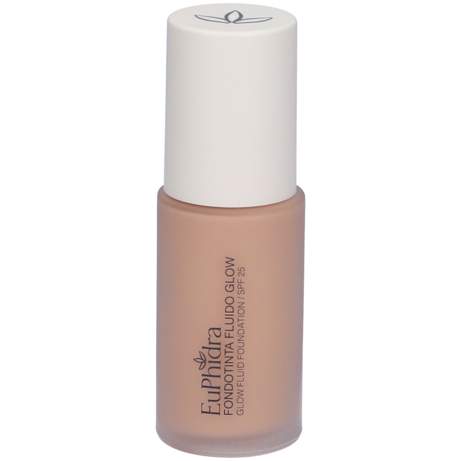 Fondotinta fluido beige in flacone con tappo bianco. Scritta: Euphidra Fondotinta Fluido Glow SPF 25.