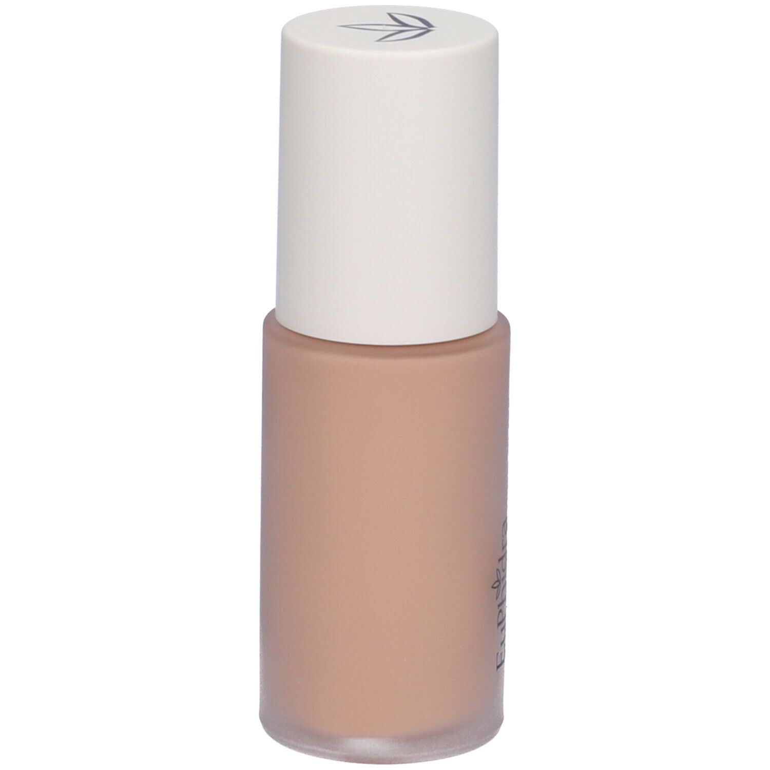 Fondotinta fluido beige in flacone con tappo bianco. Scritta illeggibile.