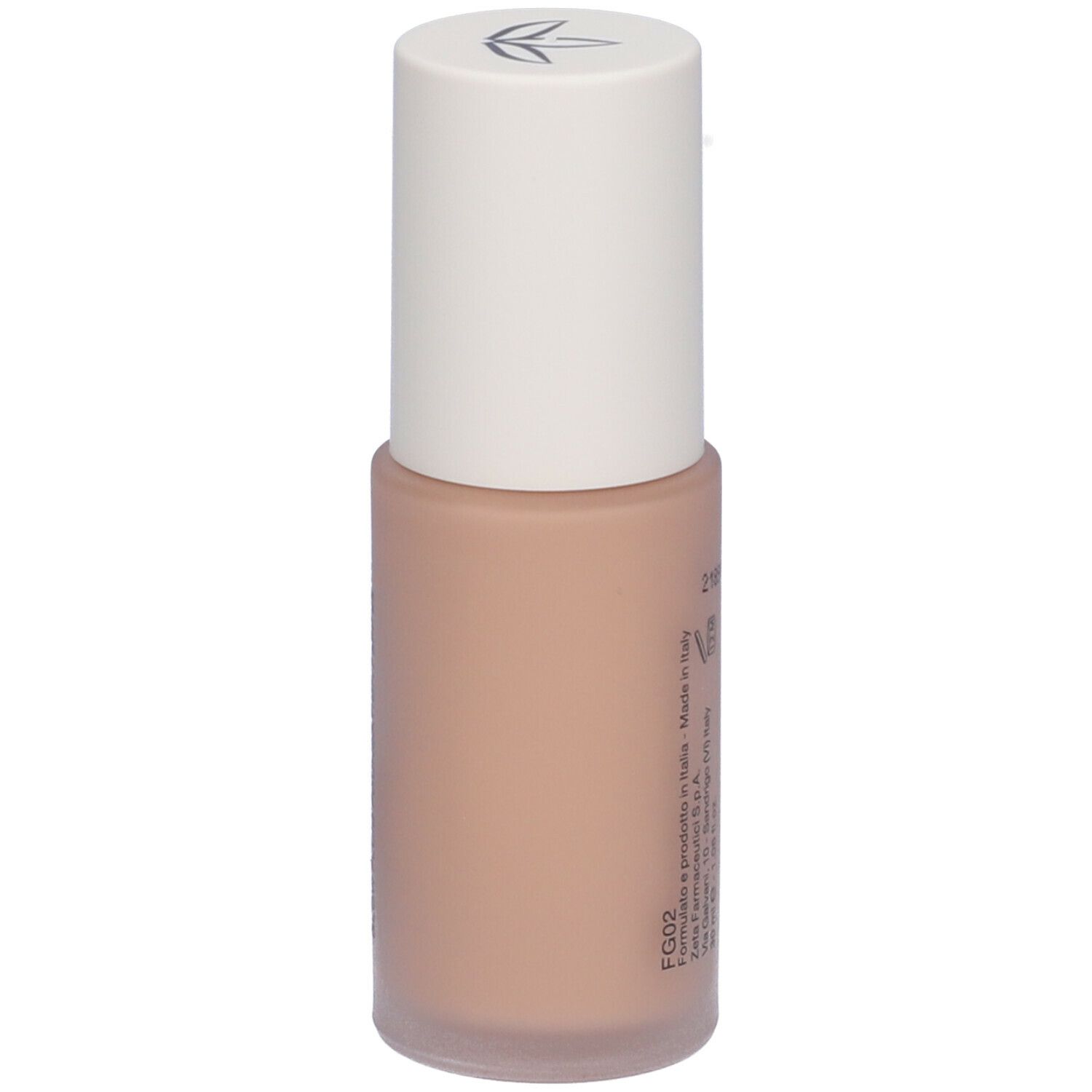Fondotinta fluido beige in flacone con tappo bianco. Scritta e informazioni di produzione.