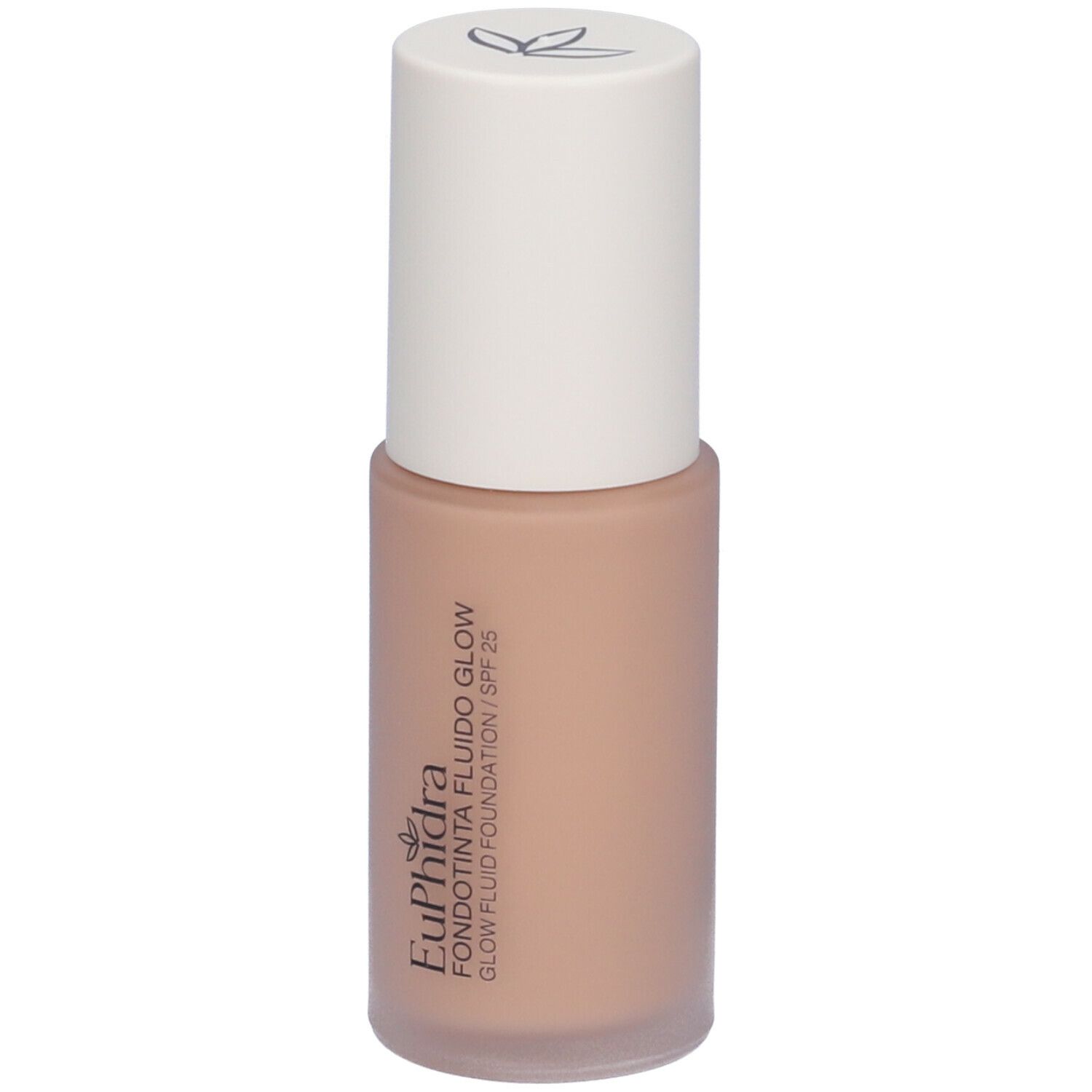 Fondotinta fluido beige in flacone con tappo bianco. Scritta: Euphidra Fondotinta Fluido Glow SPF 25.