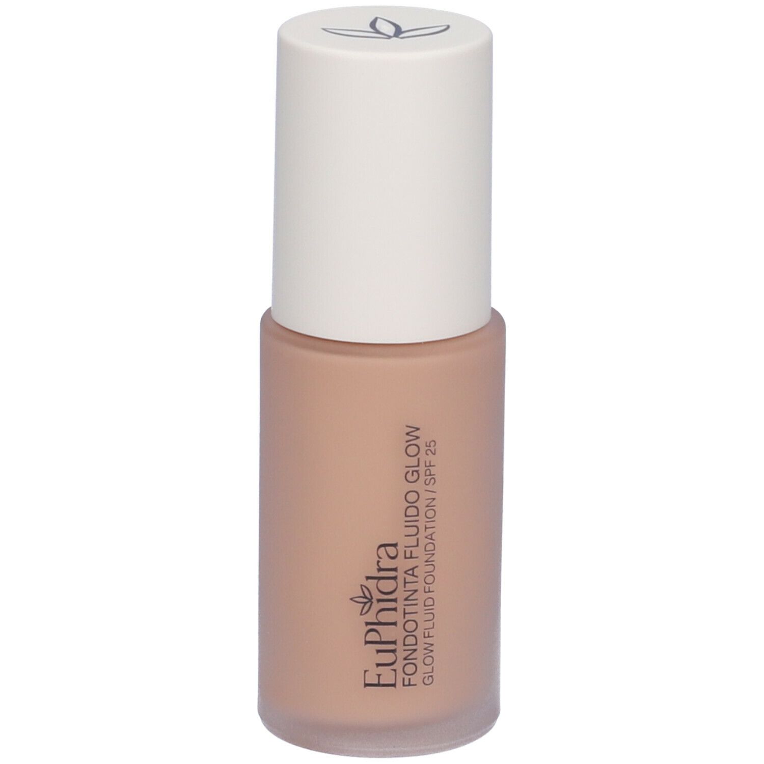 Fondotinta fluido beige in flacone con tappo bianco. Scritta: Euphidra Fondotinta Fluido Glow SPF 25.