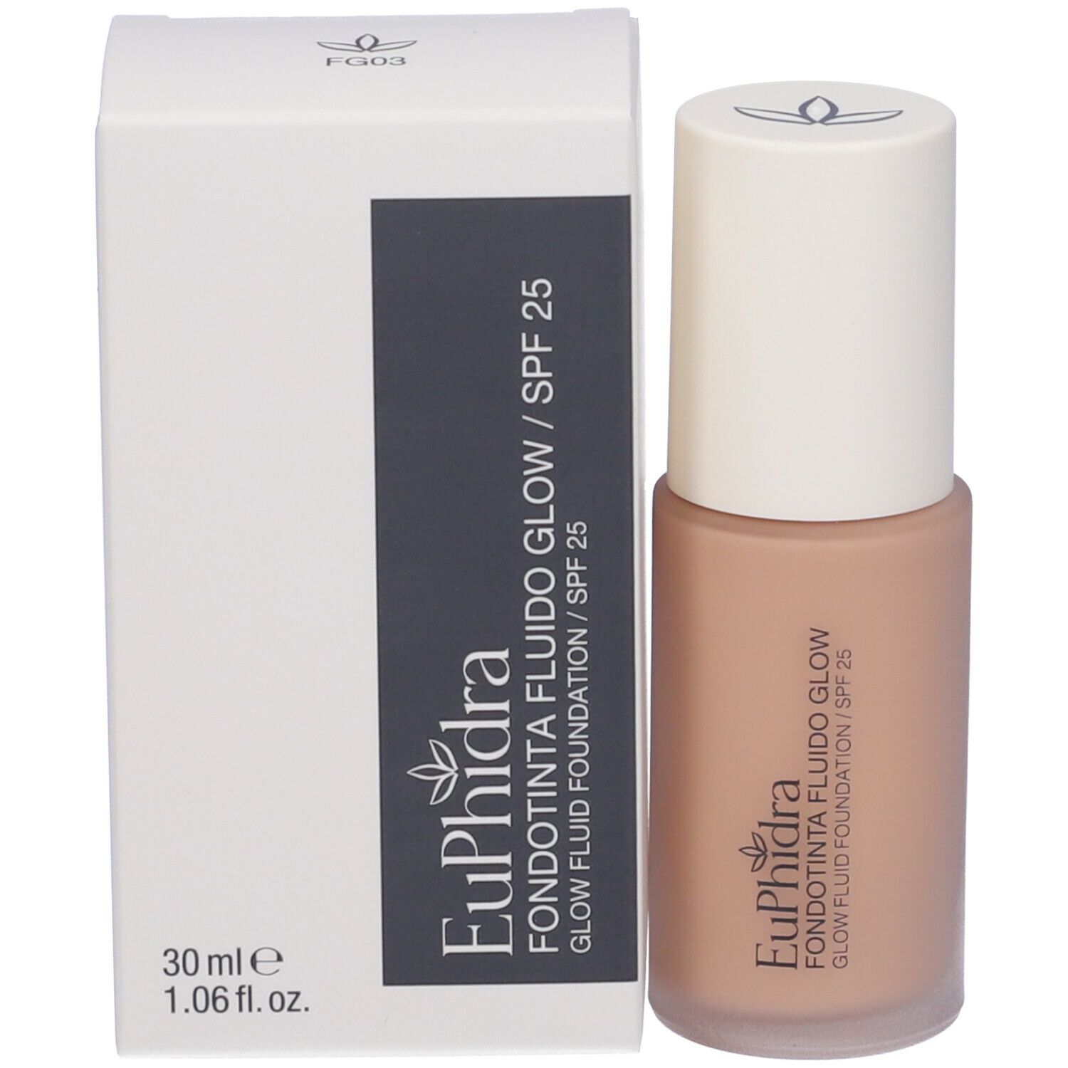 Fondotinta fluido e confezione. Scritta: Euphidra Fondotinta Fluido Glow SPF 25. 30 ml.