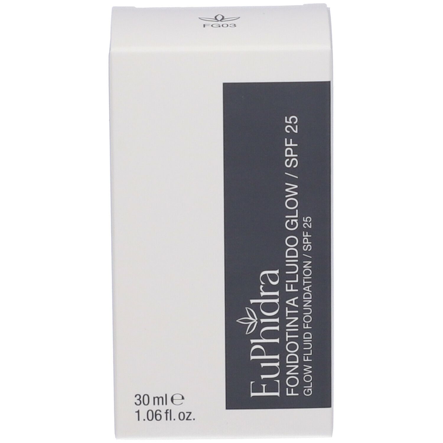 Confezione del fondotinta fluido. Scritta: Euphidra Fondotinta Fluido Glow SPF 25. 30 ml.