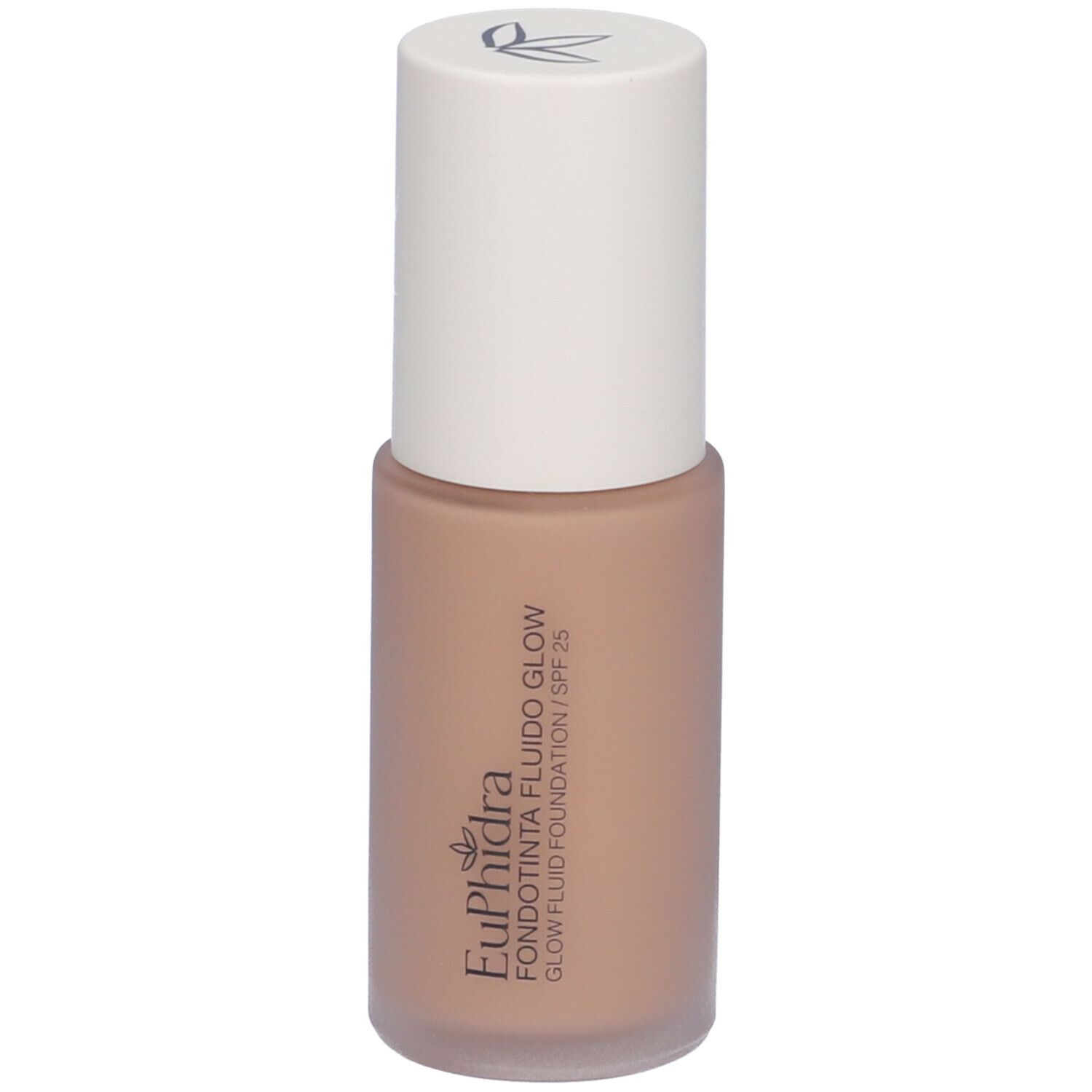 Flacone di fondotinta beige con tappo bianco. Scritta: Euphidra Fondotinta Fluido Glow SPF 25.
