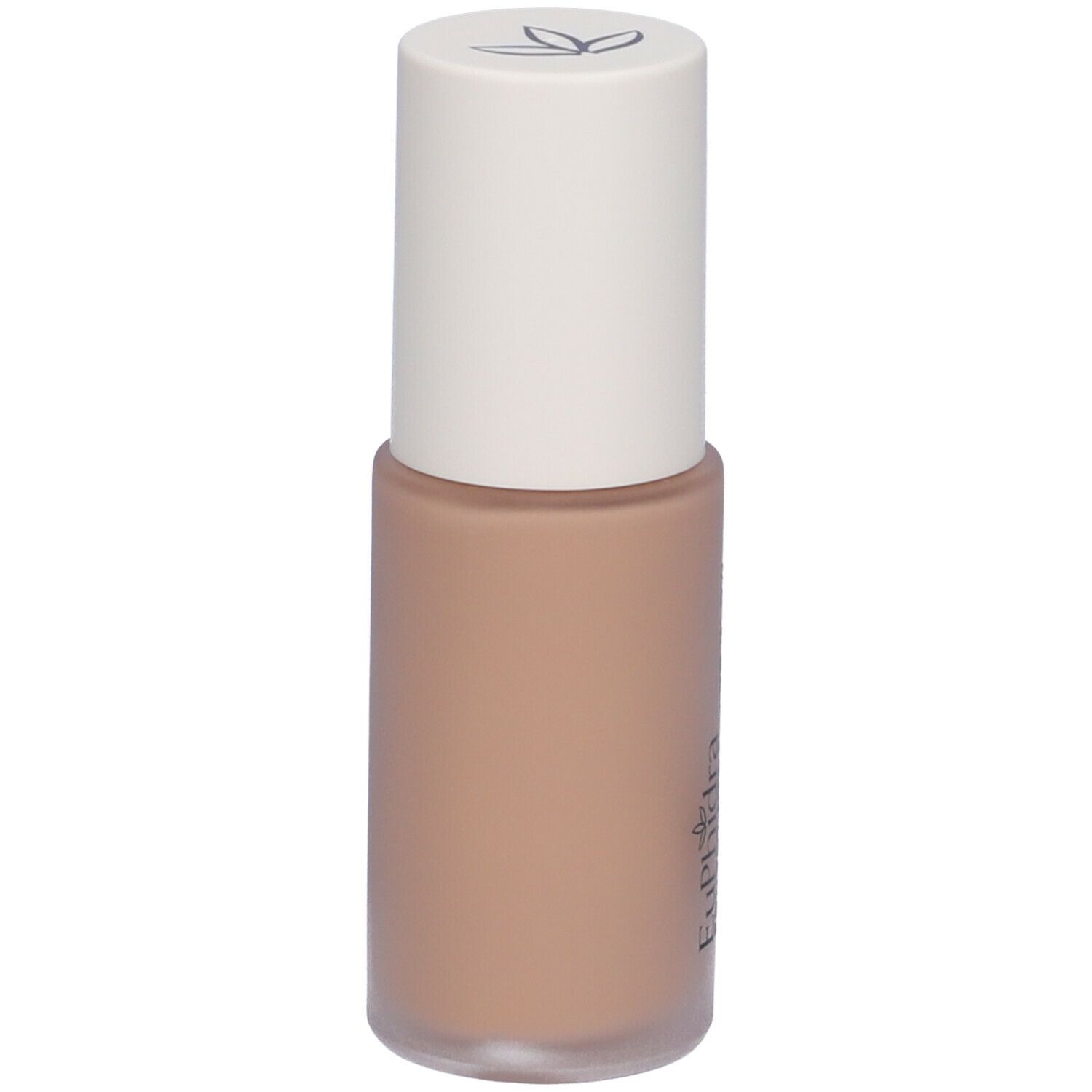 Flacone di fondotinta beige con tappo bianco. Scritta: Euphidra Fondotinta Fluido Glow SPF 25.