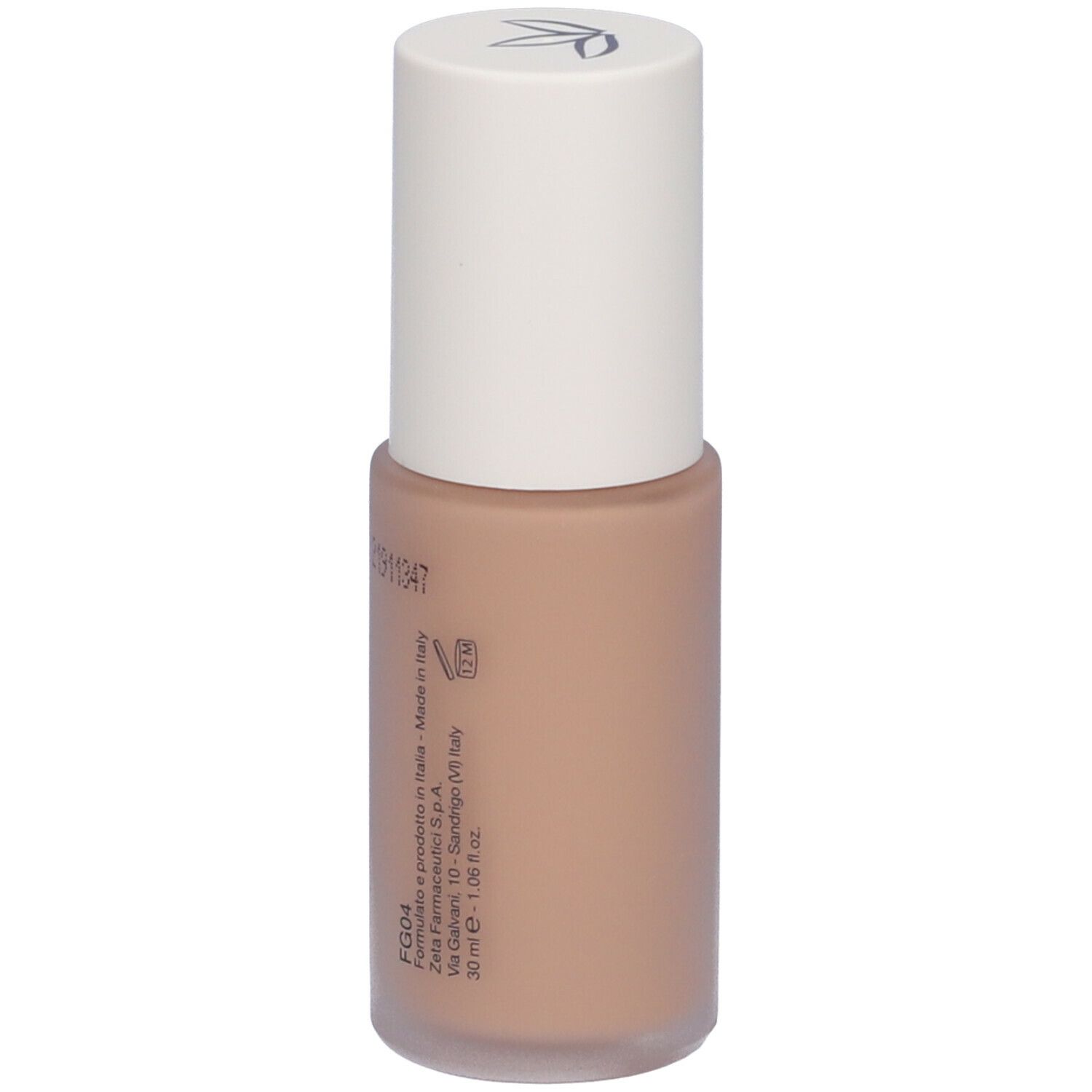 Flacone di fondotinta beige con tappo bianco. Scritta: Euphidra Fondotinta Fluido Glow SPF 25. Testo sul retro.