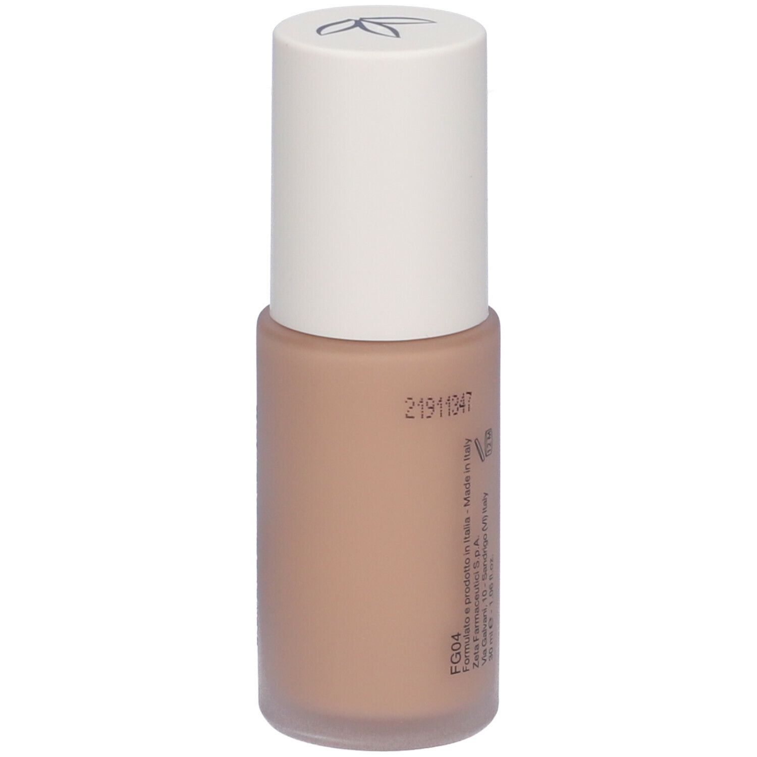 Flacone di fondotinta beige con tappo bianco. Scritta: Euphidra Fondotinta Fluido Glow SPF 25. Testo sul retro.