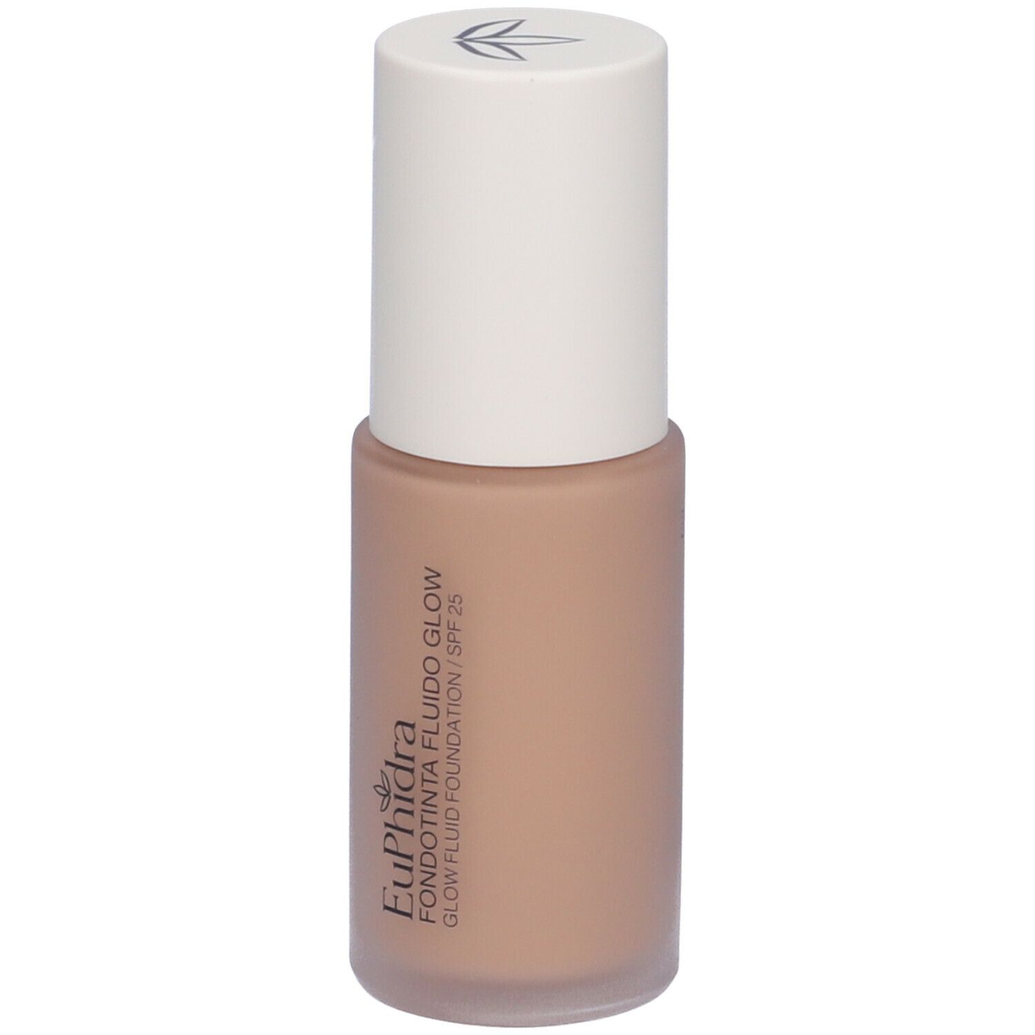 Flacone di fondotinta beige con tappo bianco. Scritta: Euphidra Fondotinta Fluido Glow SPF 25.