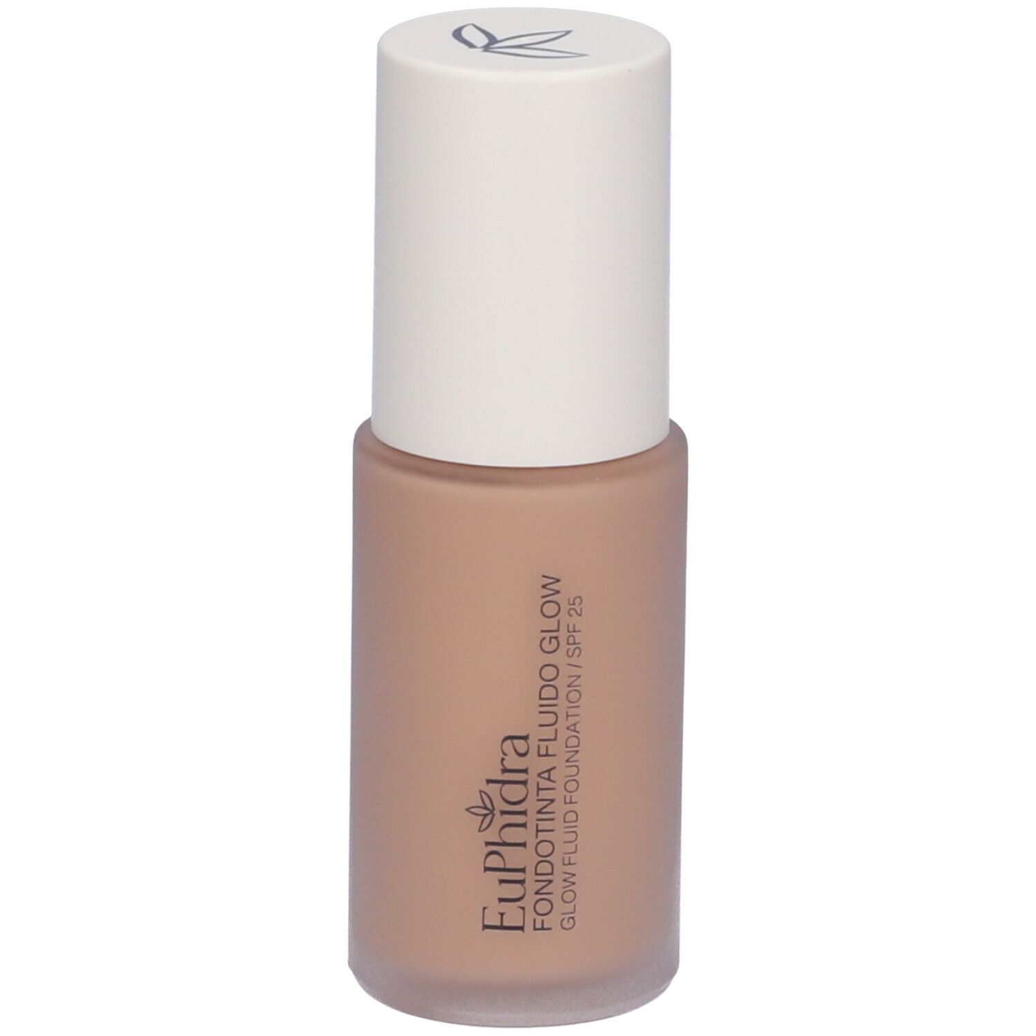Flacone di fondotinta beige con tappo bianco. Scritta: Euphidra Fondotinta Fluido Glow SPF 25.