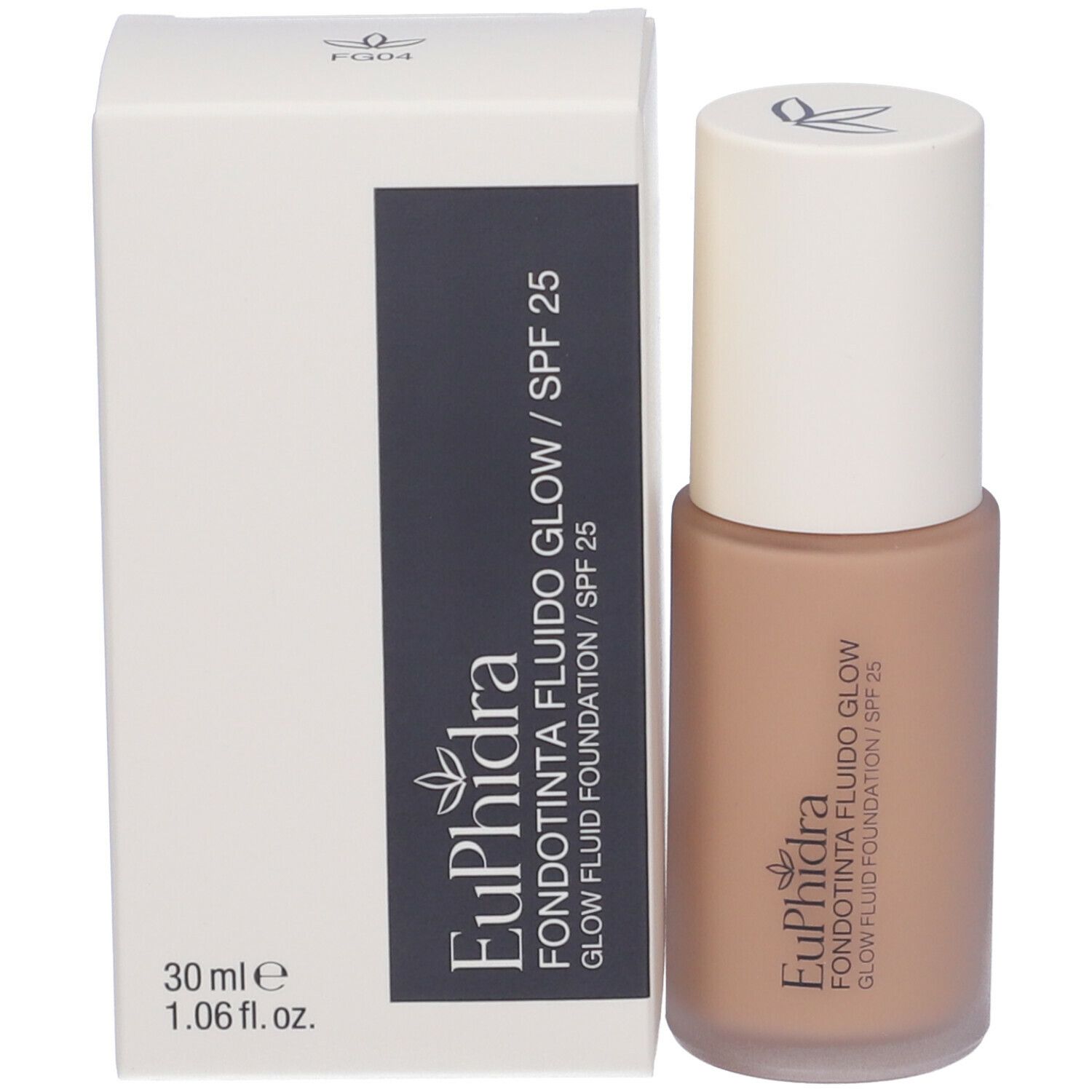 Flacone di fondotinta e confezione. Scritta: Euphidra Fondotinta Fluido Glow SPF 25. 30 ml.
